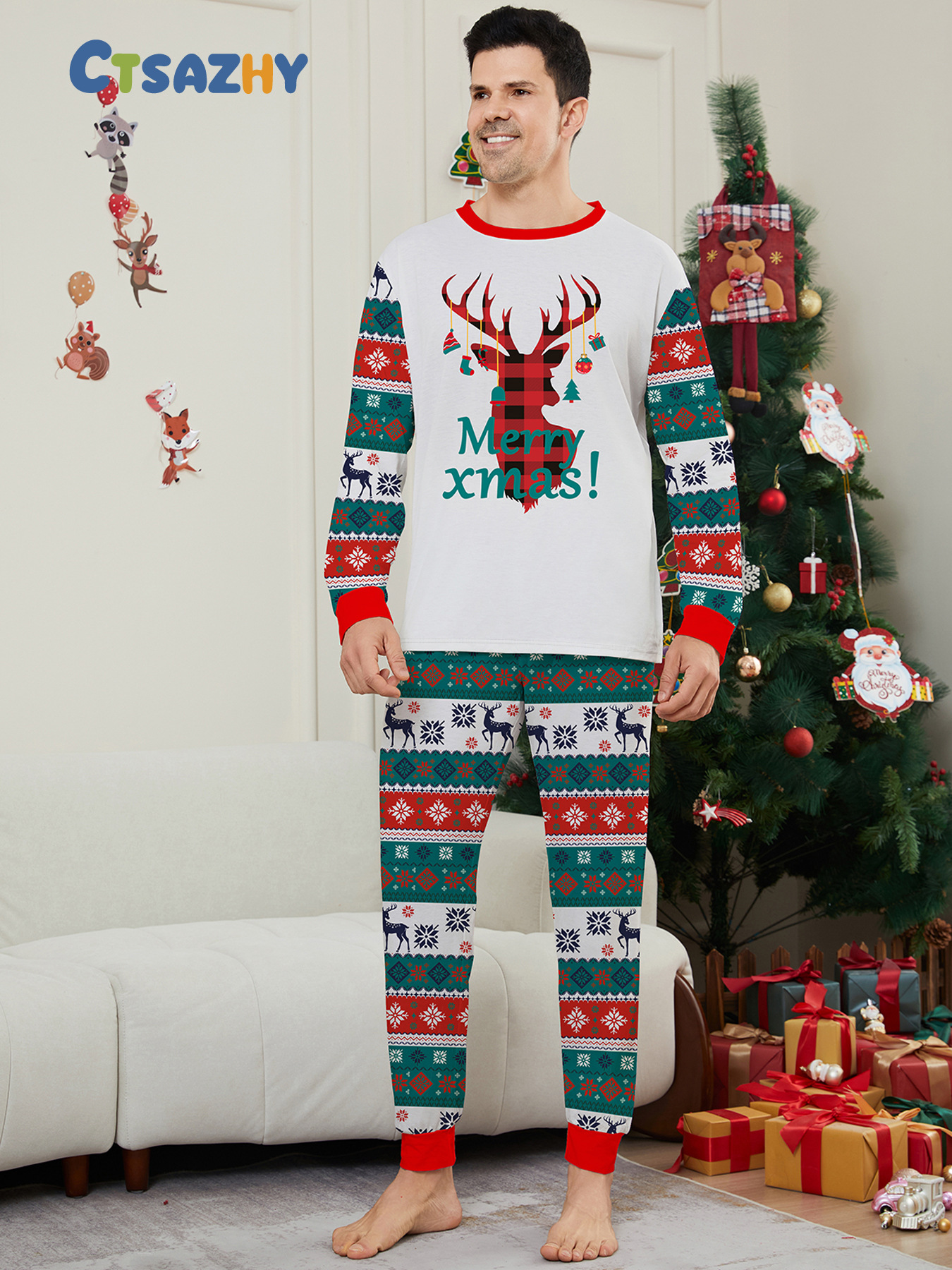 Red‑Green Plaid Reindeer Family Matching Pajamas