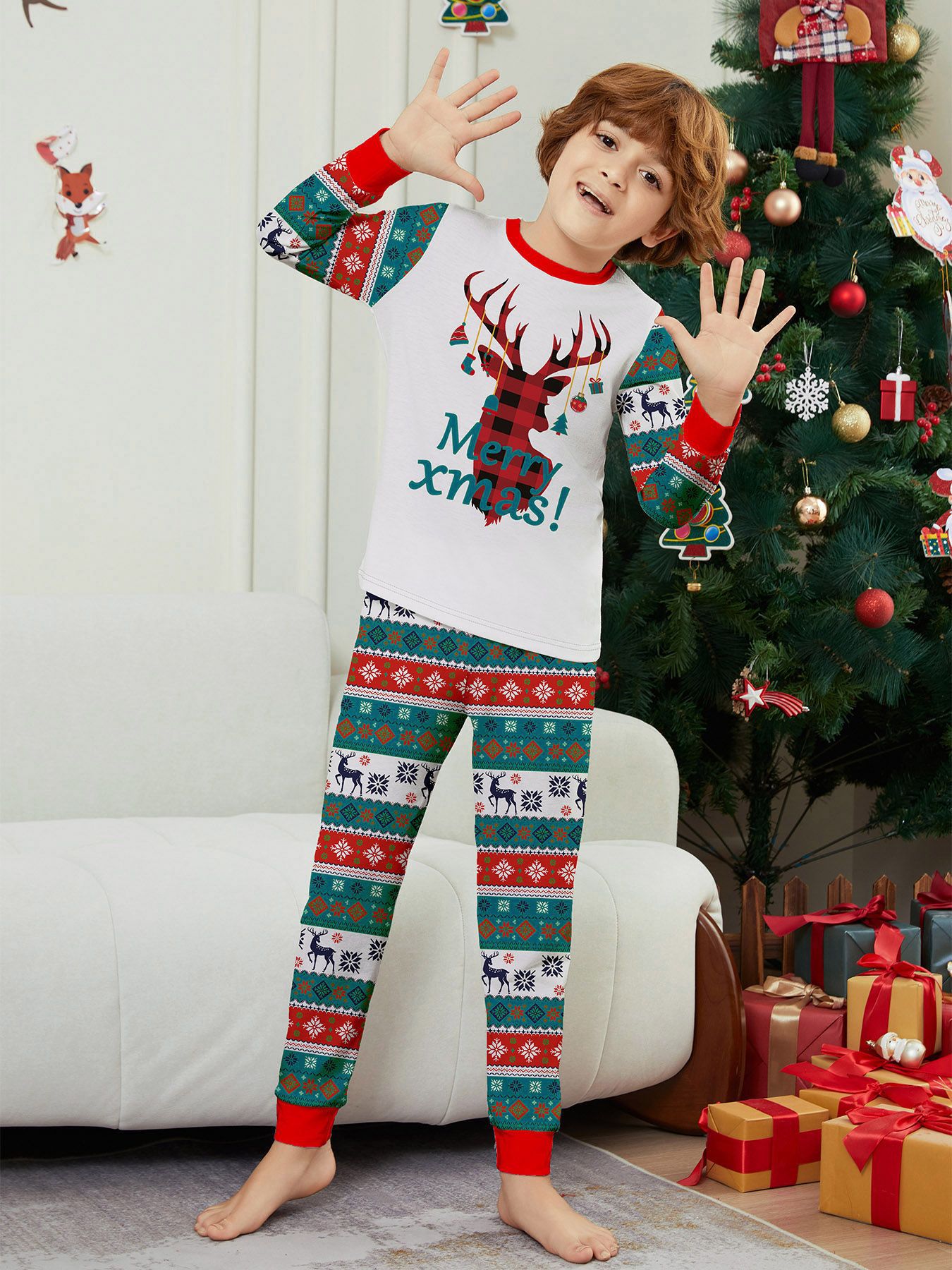 Red‑Green Plaid Reindeer Family Matching Pajamas