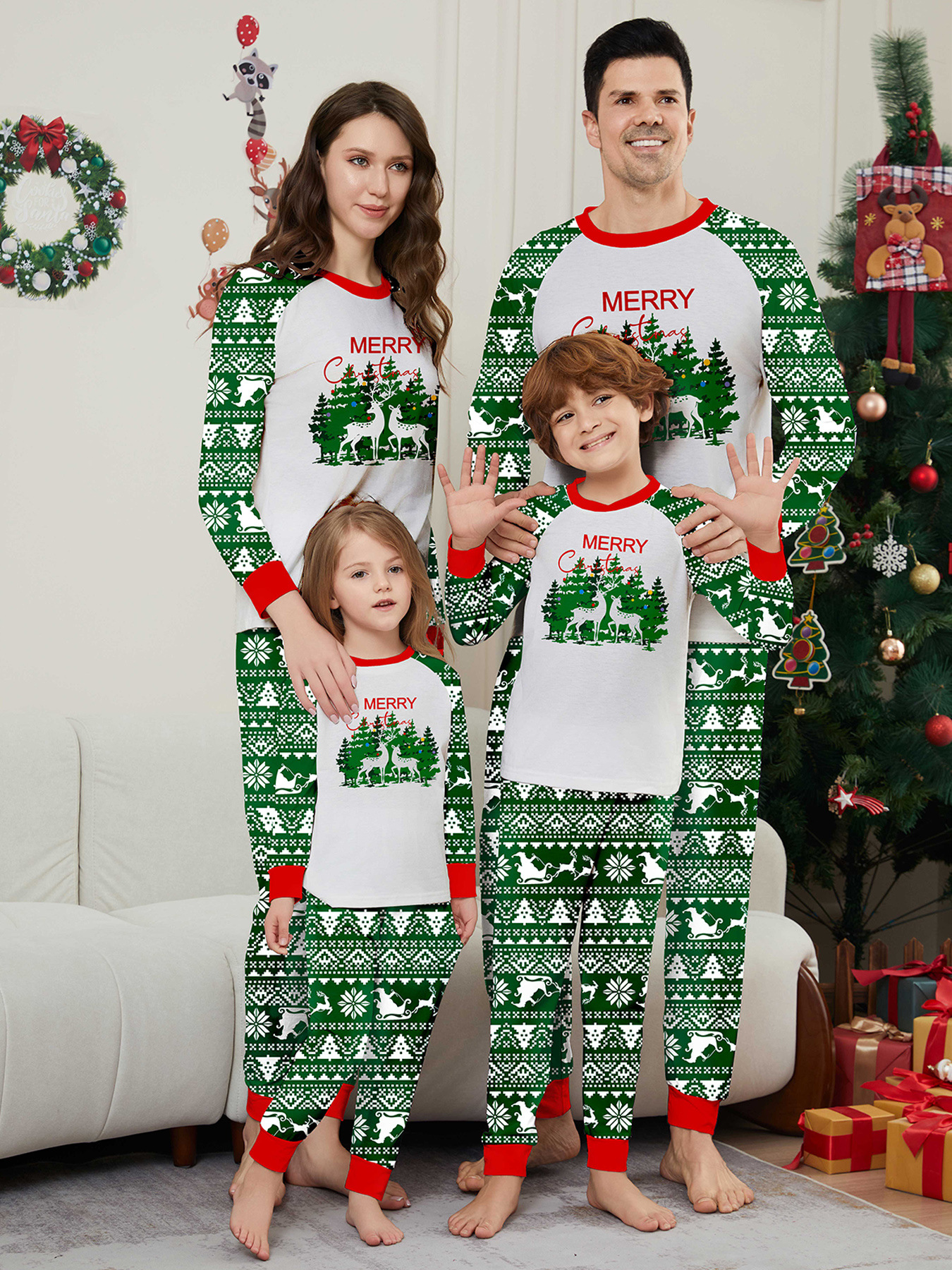 Green Fair‑Isle Christmas Tree Deer Family Pajamas