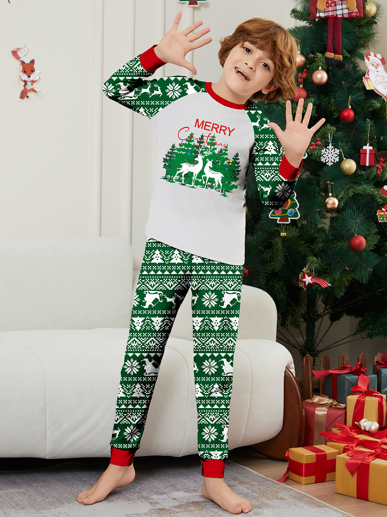 Green Fair‑Isle Christmas Tree Deer Family Pajamas