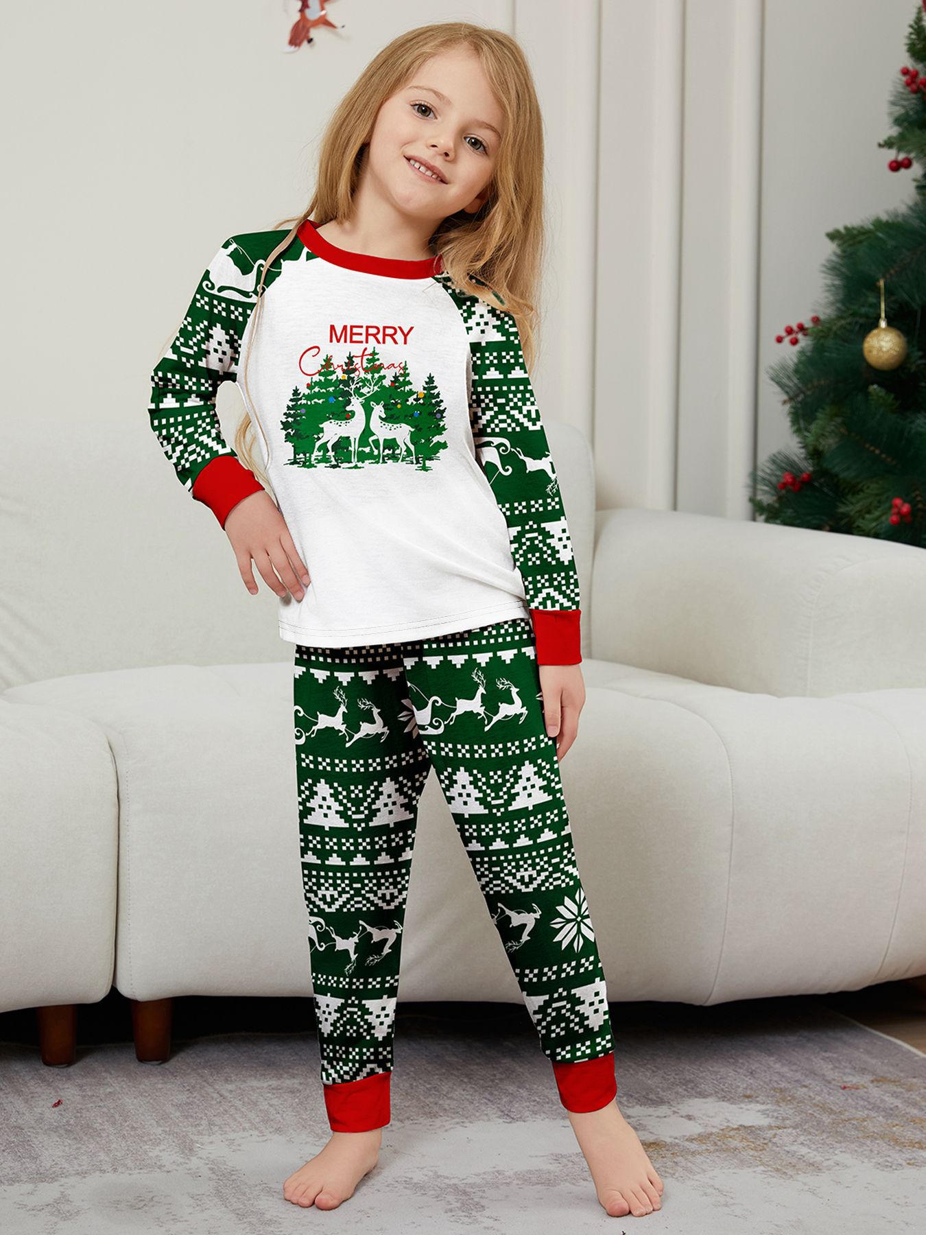Green Fair‑Isle Christmas Tree Deer Family Pajamas