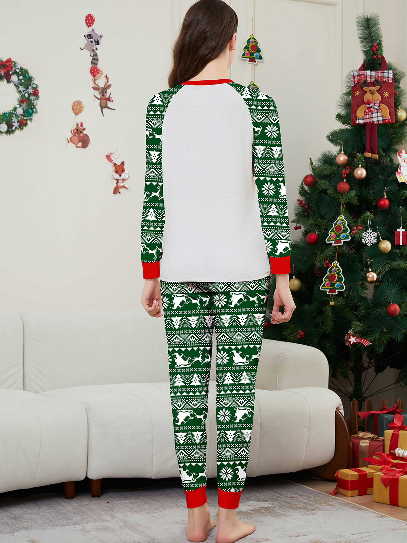 Green Fair‑Isle Christmas Tree Deer Family Pajamas