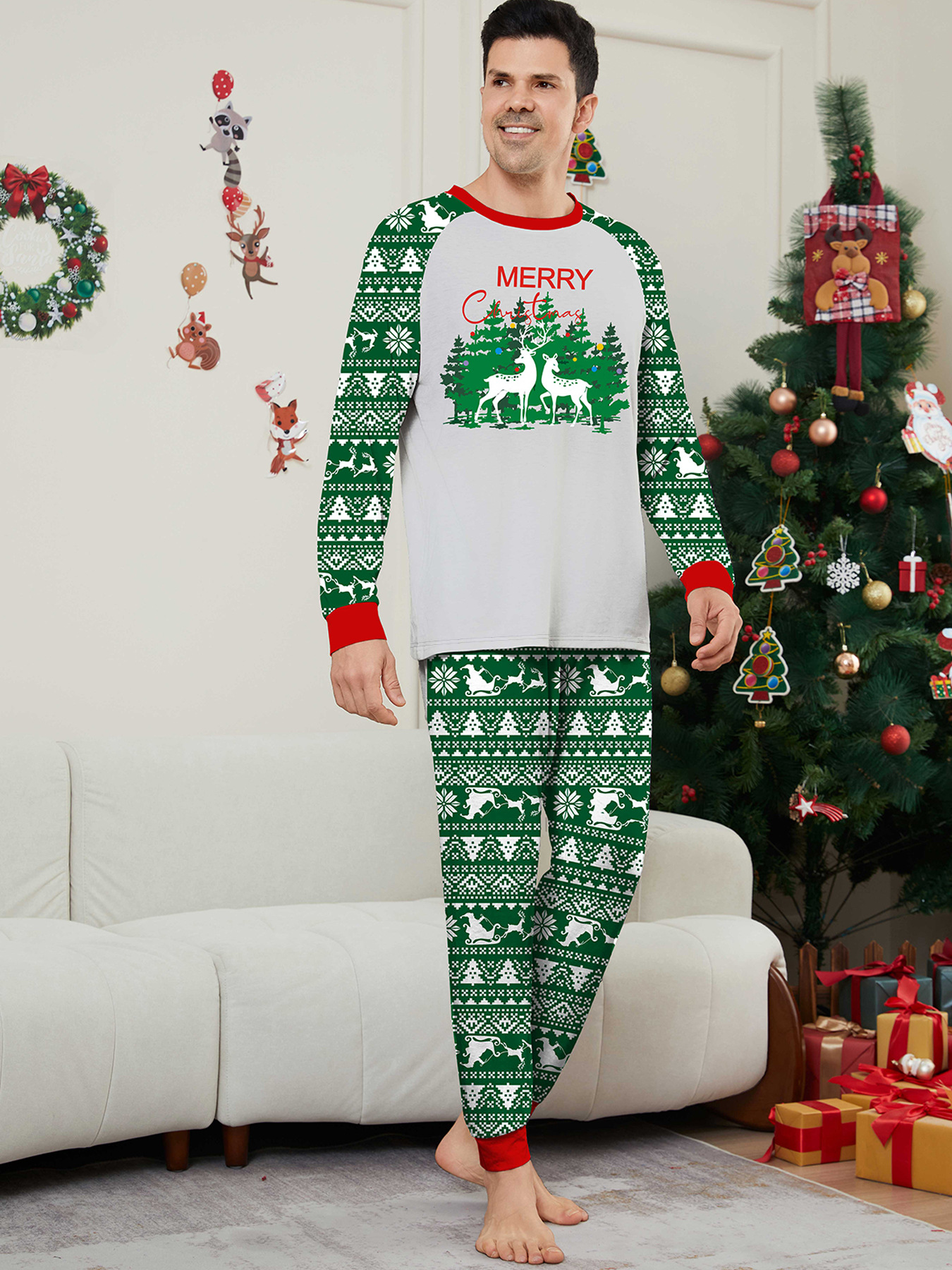 Green Fair‑Isle Christmas Tree Deer Family Pajamas