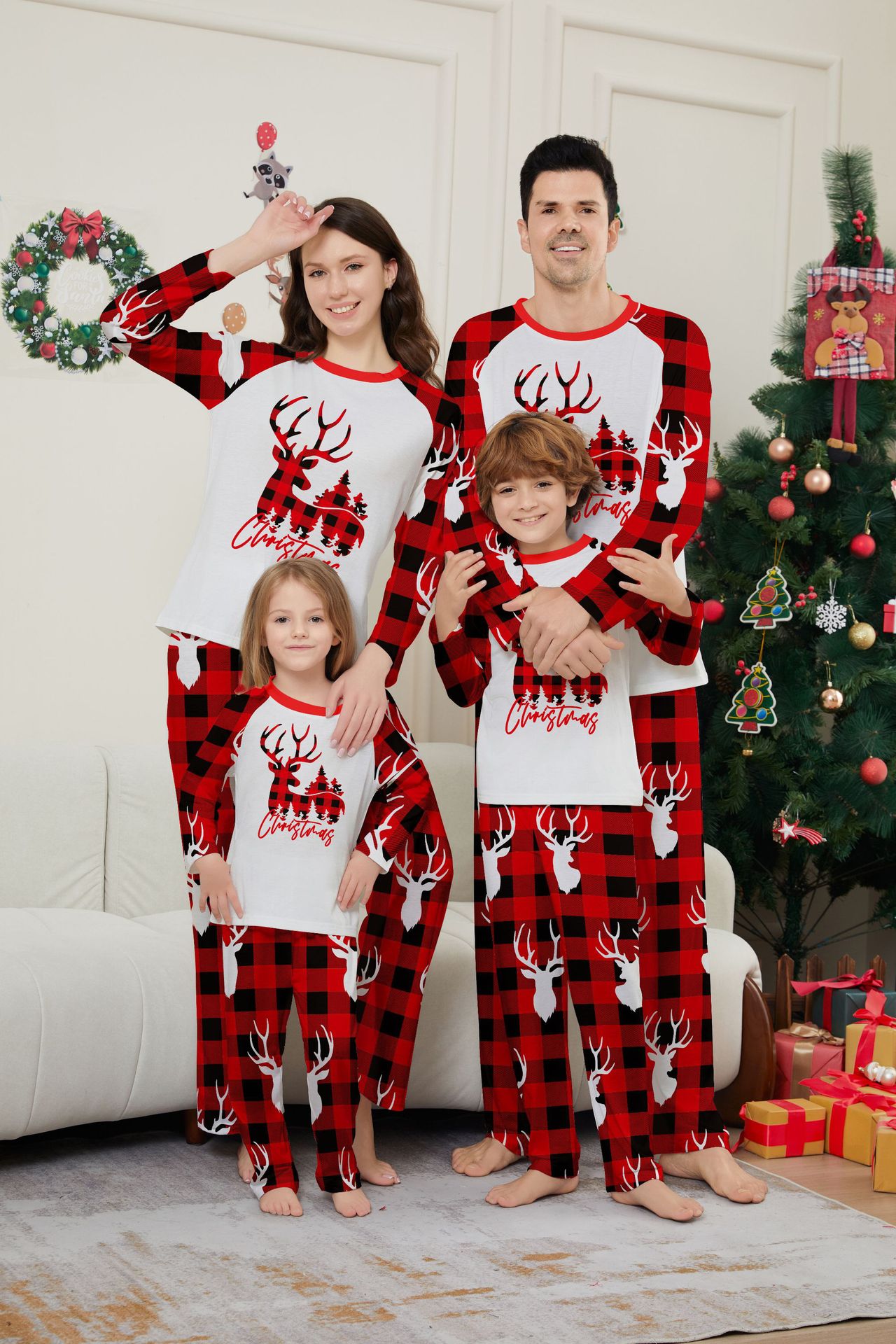 Red‑Black Plaid Christmas Deer Family Matching Pajamas