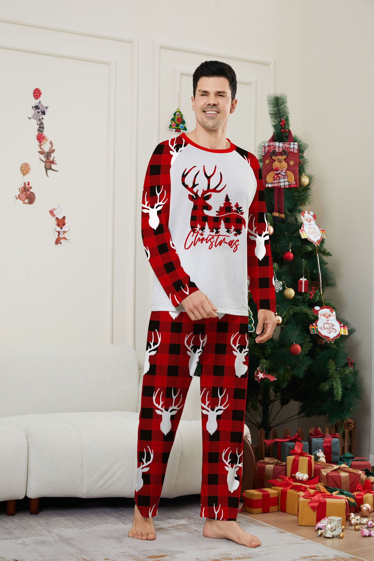 Red‑Black Plaid Christmas Deer Family Matching Pajamas
