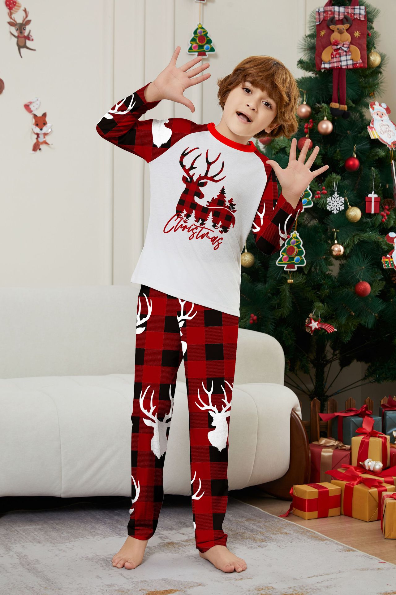 Red‑Black Plaid Christmas Deer Family Matching Pajamas