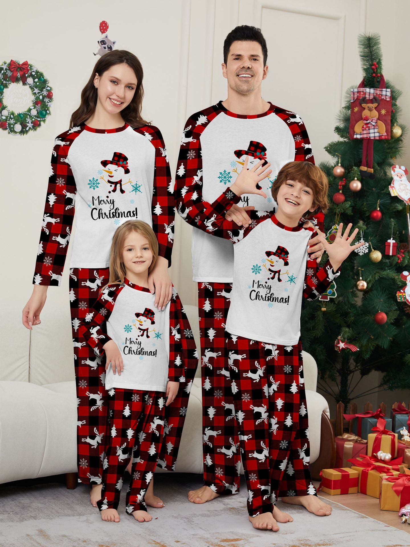 Snowman Red‑Black Plaid Family Matching Pajamas