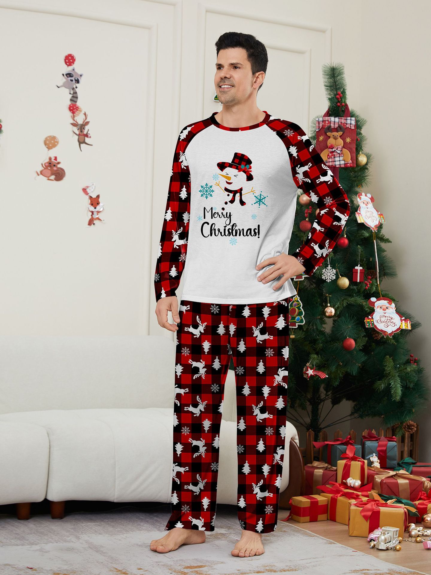 Snowman Red‑Black Plaid Family Matching Pajamas