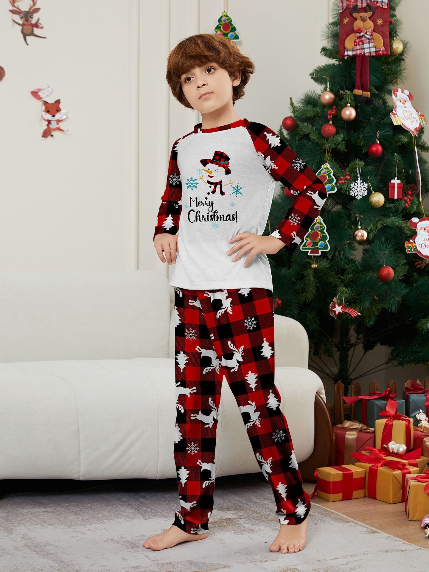 Snowman Red‑Black Plaid Family Matching Pajamas