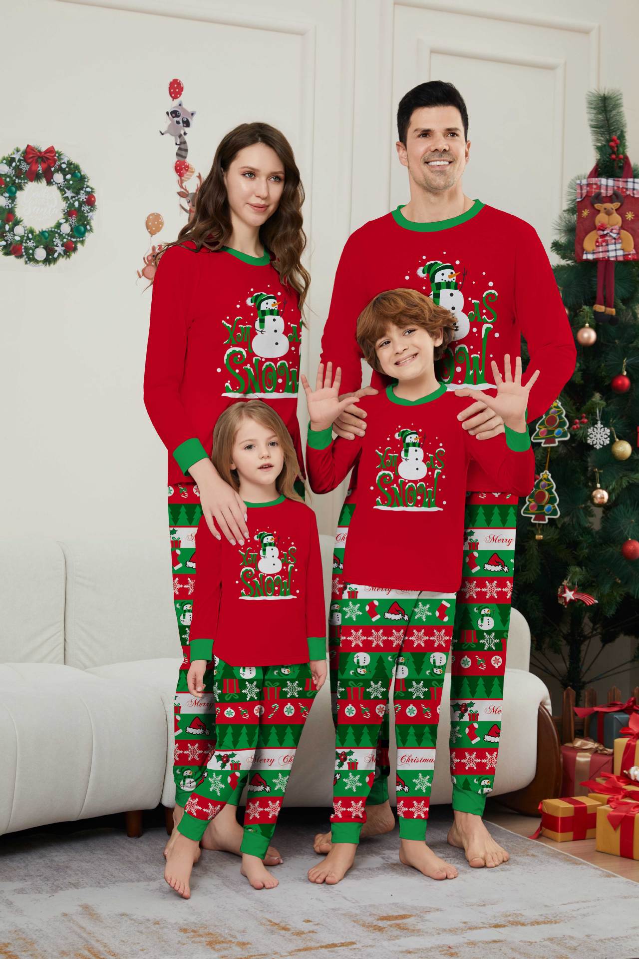 Red‑Green Snowman Letter Print Family Matching Pajamas
