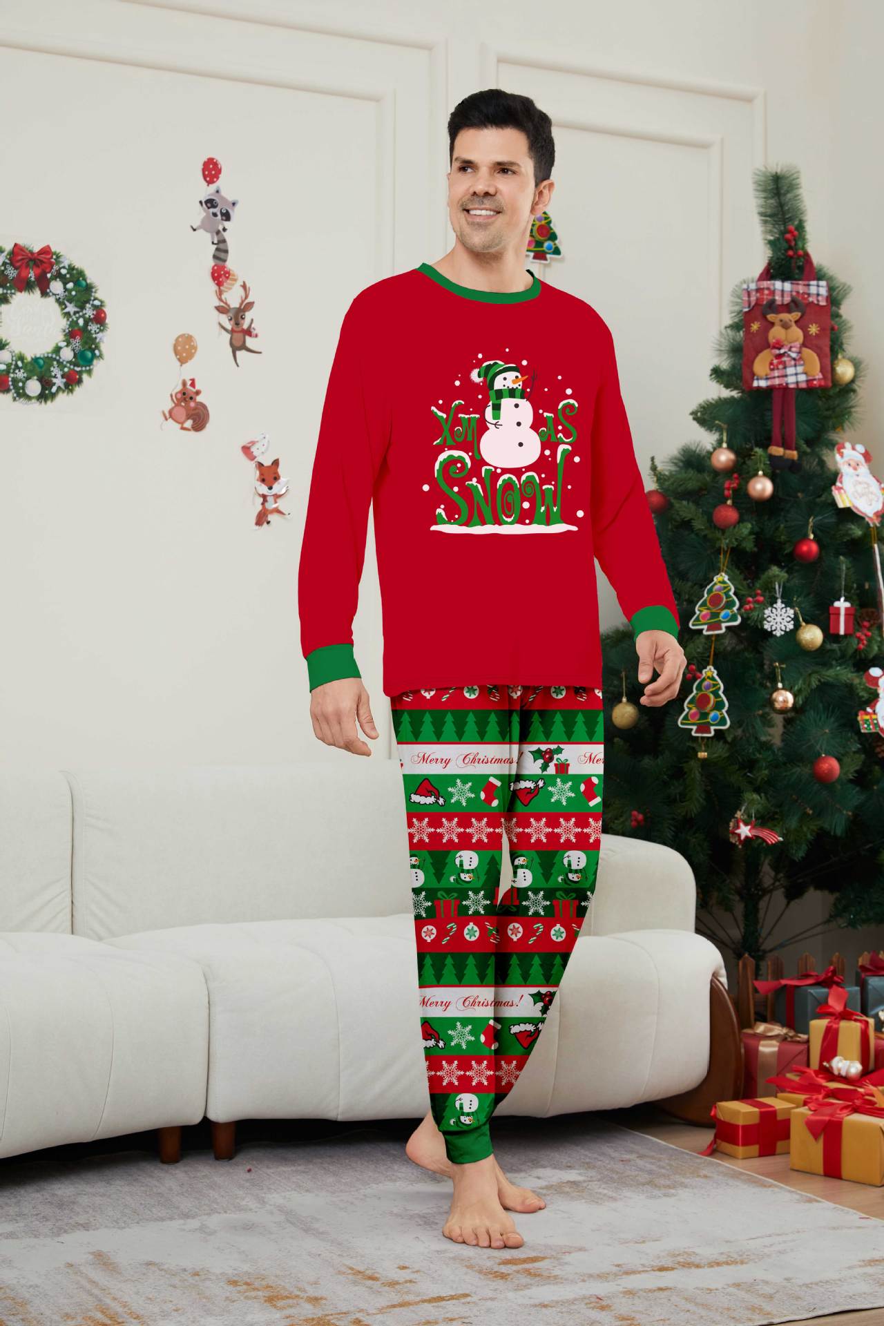 Red‑Green Snowman Letter Print Family Matching Pajamas