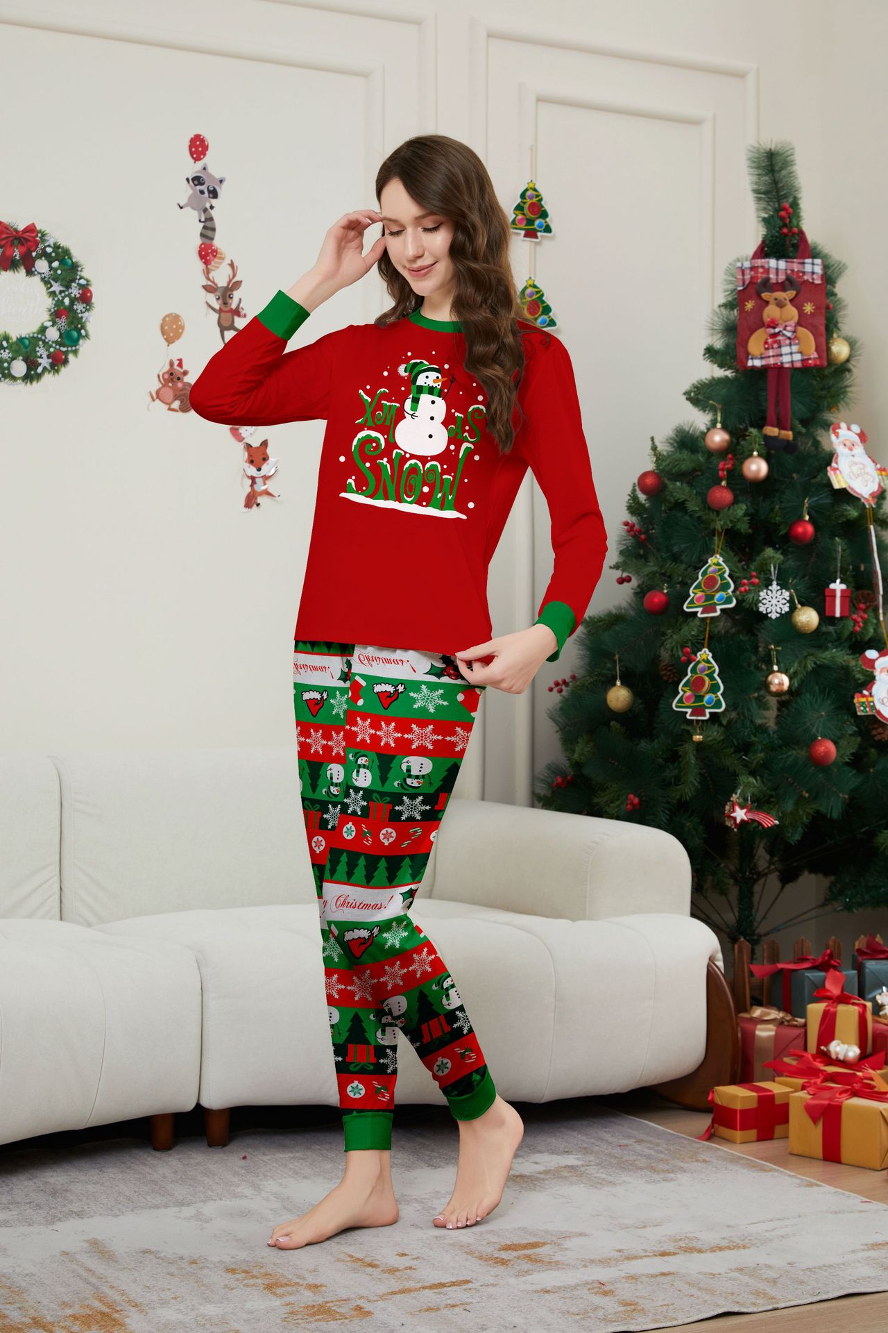 Red‑Green Snowman Letter Print Family Matching Pajamas