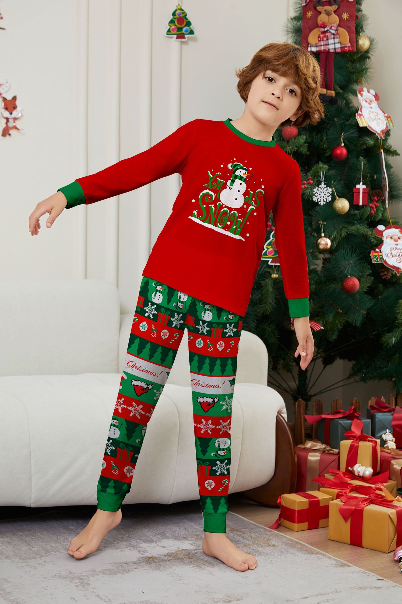 Red‑Green Snowman Letter Print Family Matching Pajamas