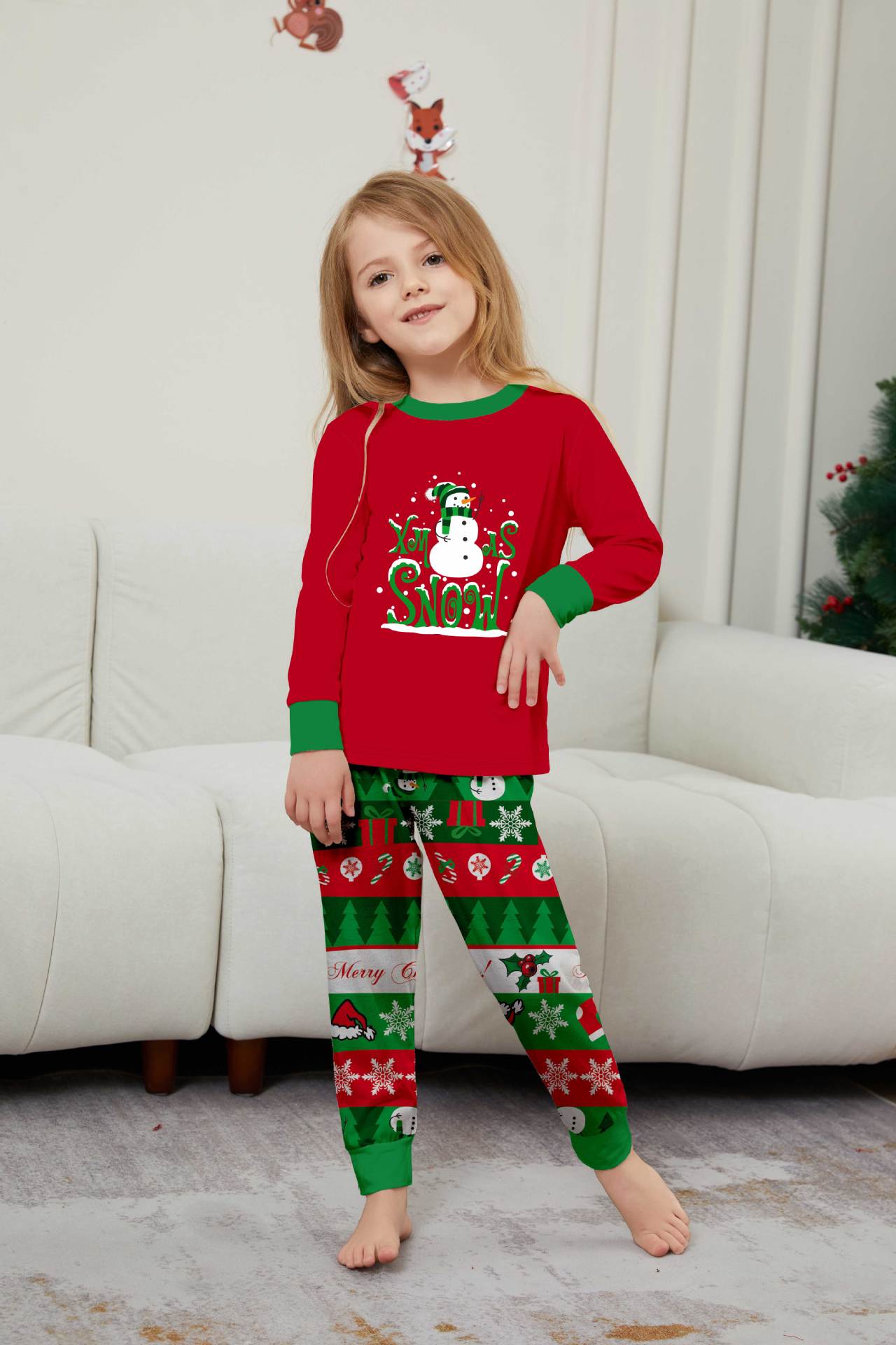 Red‑Green Snowman Letter Print Family Matching Pajamas