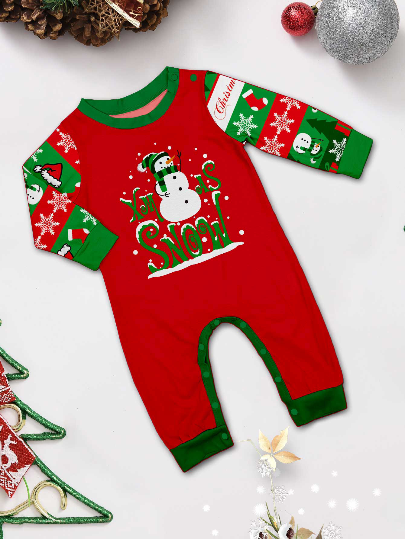 Red‑Green Snowman Letter Print Family Matching Pajamas