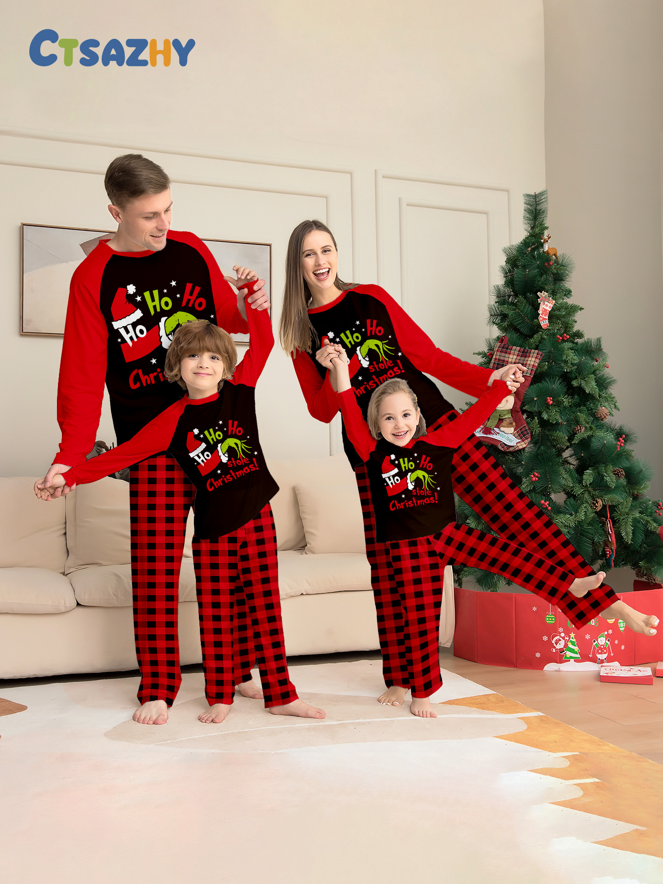 Red‑Black Plaid Grinch Print Family Matching Pajamas