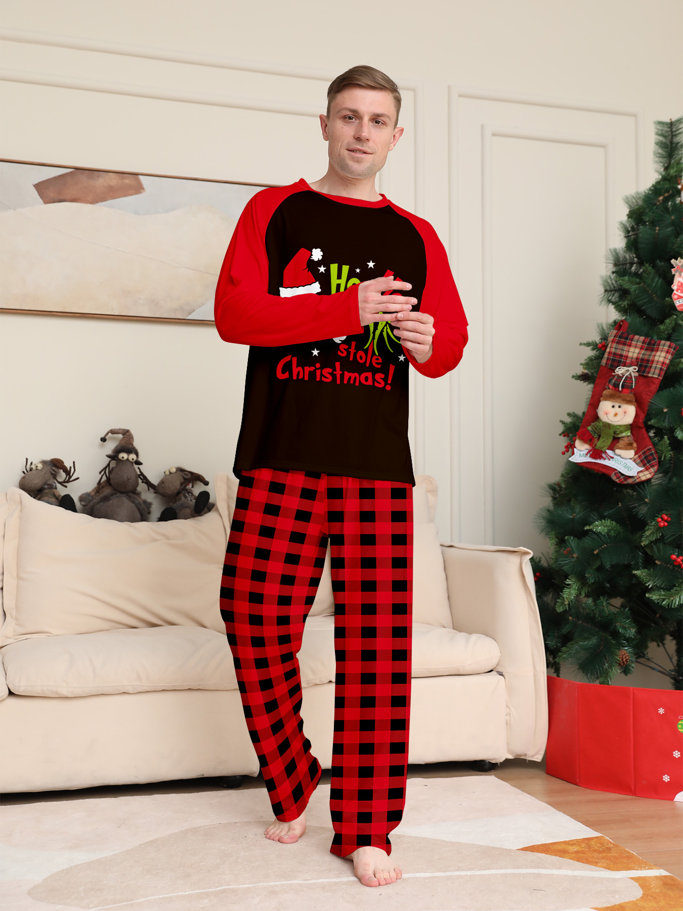 Red‑Black Plaid Grinch Print Family Matching Pajamas