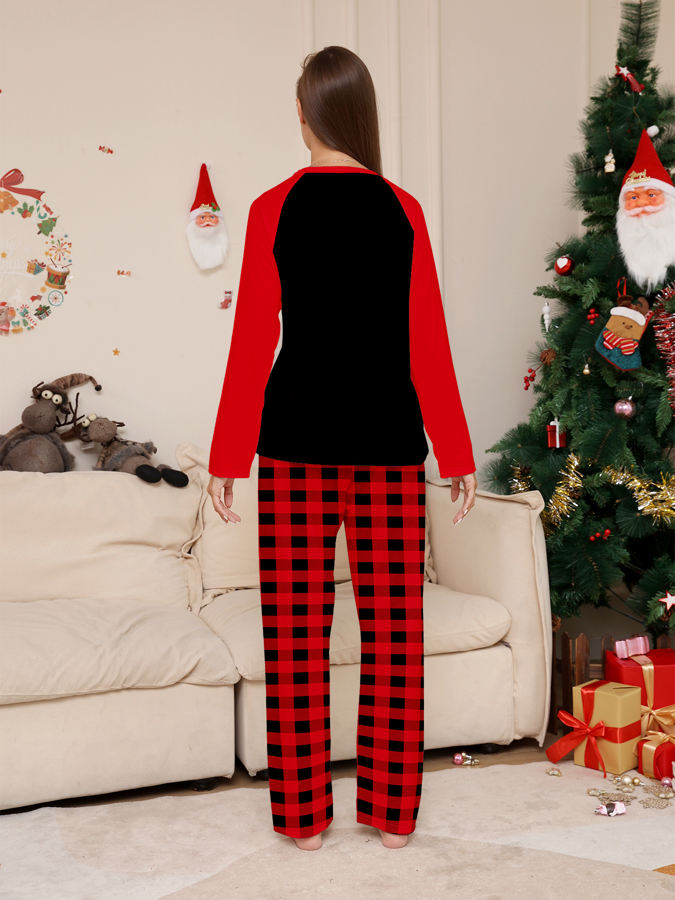 Red‑Black Plaid Grinch Print Family Matching Pajamas