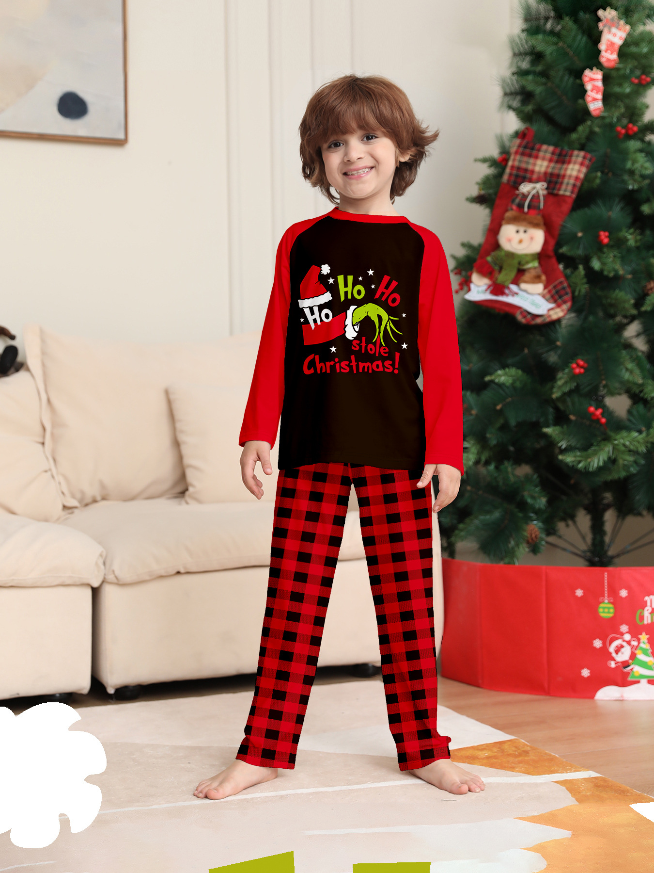 Red‑Black Plaid Grinch Print Family Matching Pajamas
