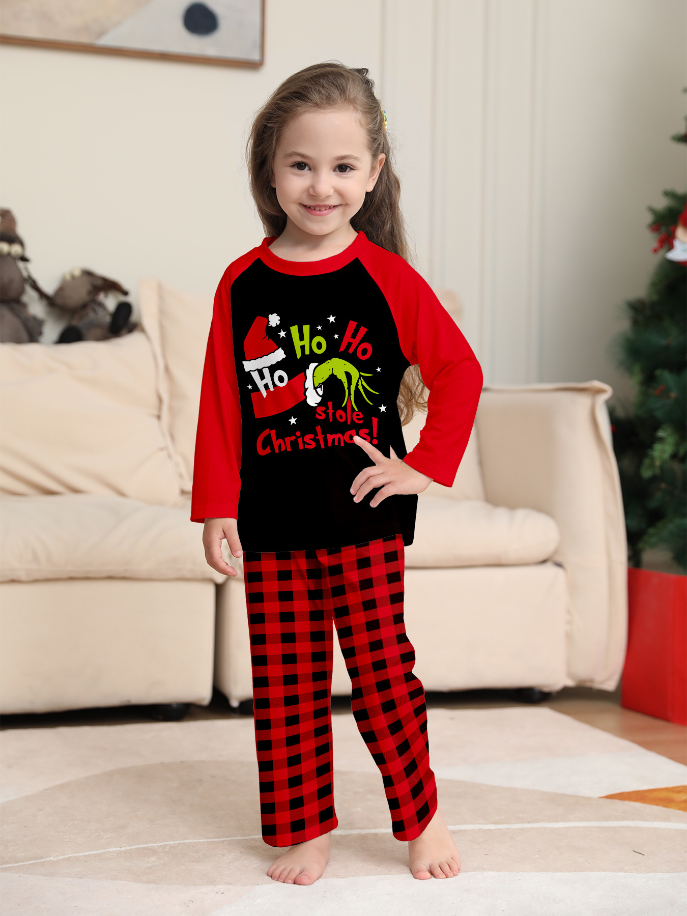 Red‑Black Plaid Grinch Print Family Matching Pajamas