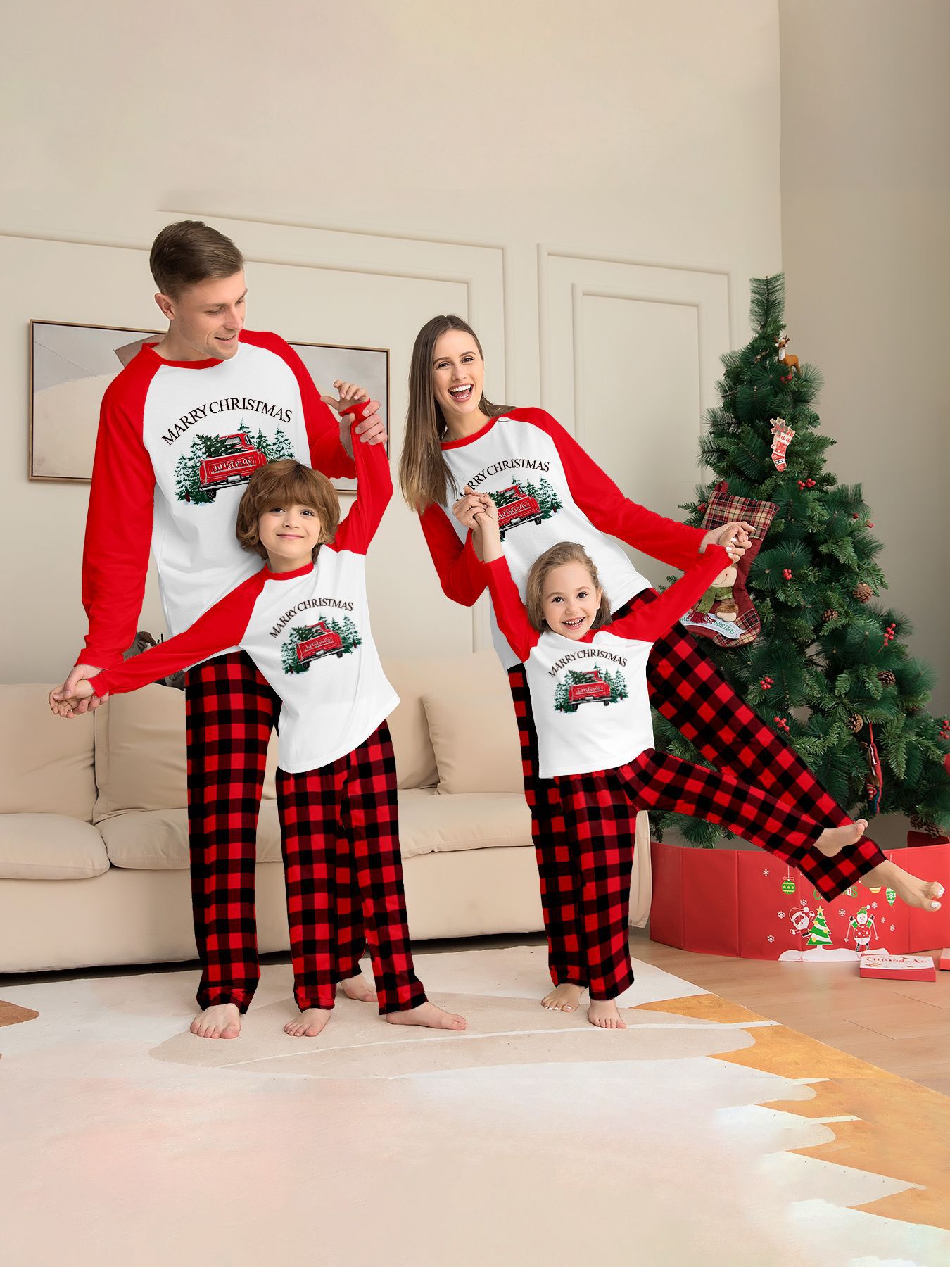 Red‑White Raglan Christmas Truck Tree Family Pajamas