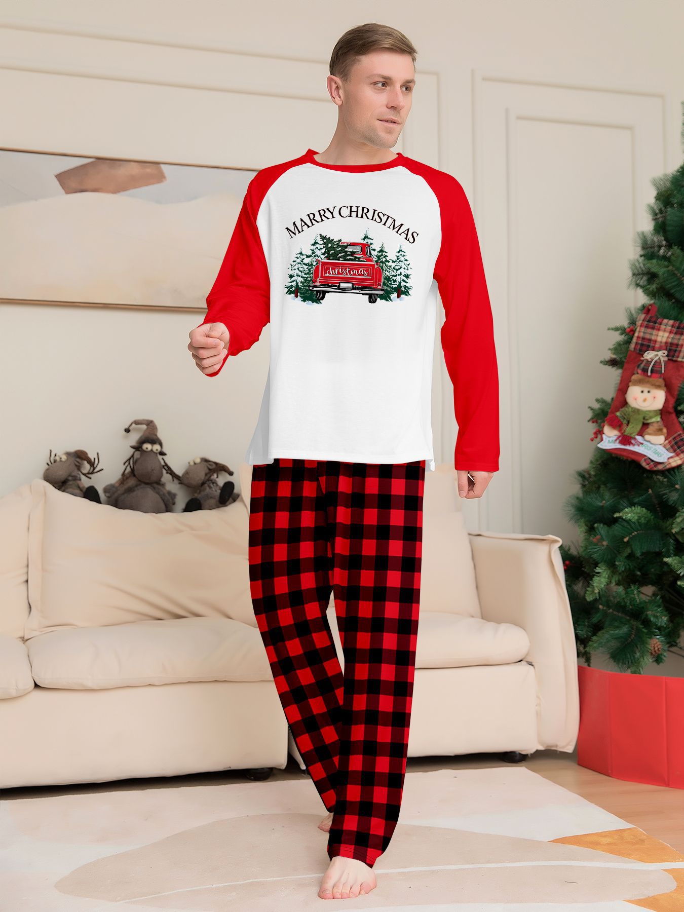 Red‑White Raglan Christmas Truck Tree Family Pajamas