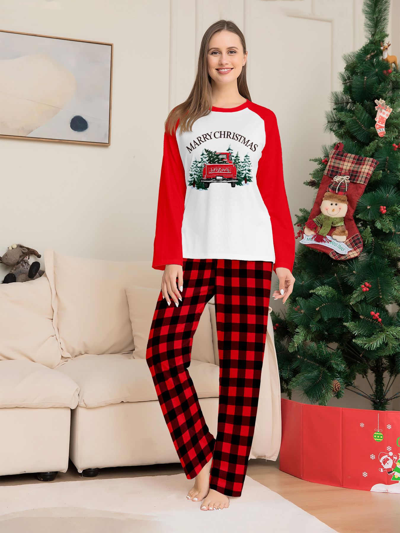 Red‑White Raglan Christmas Truck Tree Family Pajamas