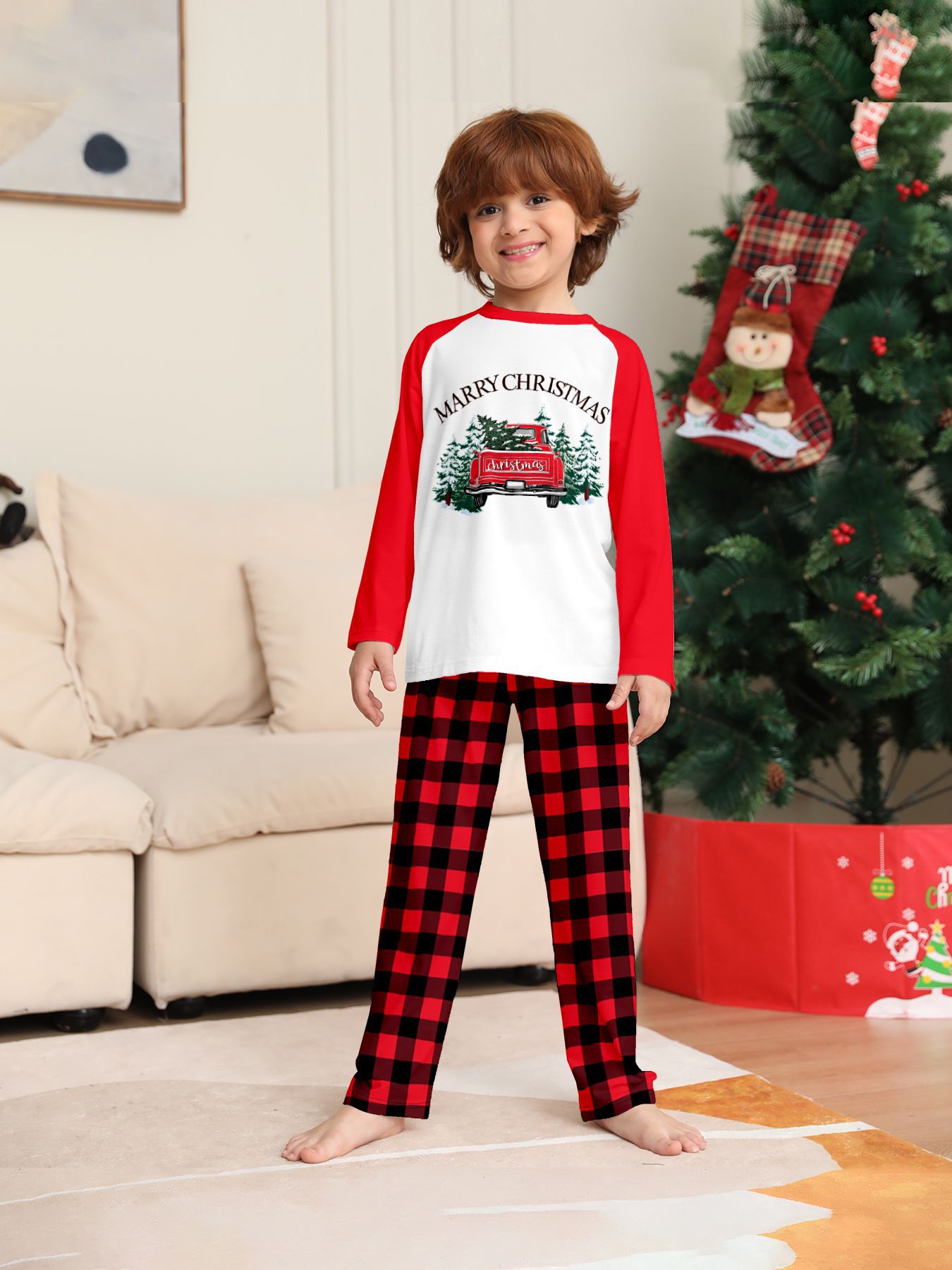Red‑White Raglan Christmas Truck Tree Family Pajamas