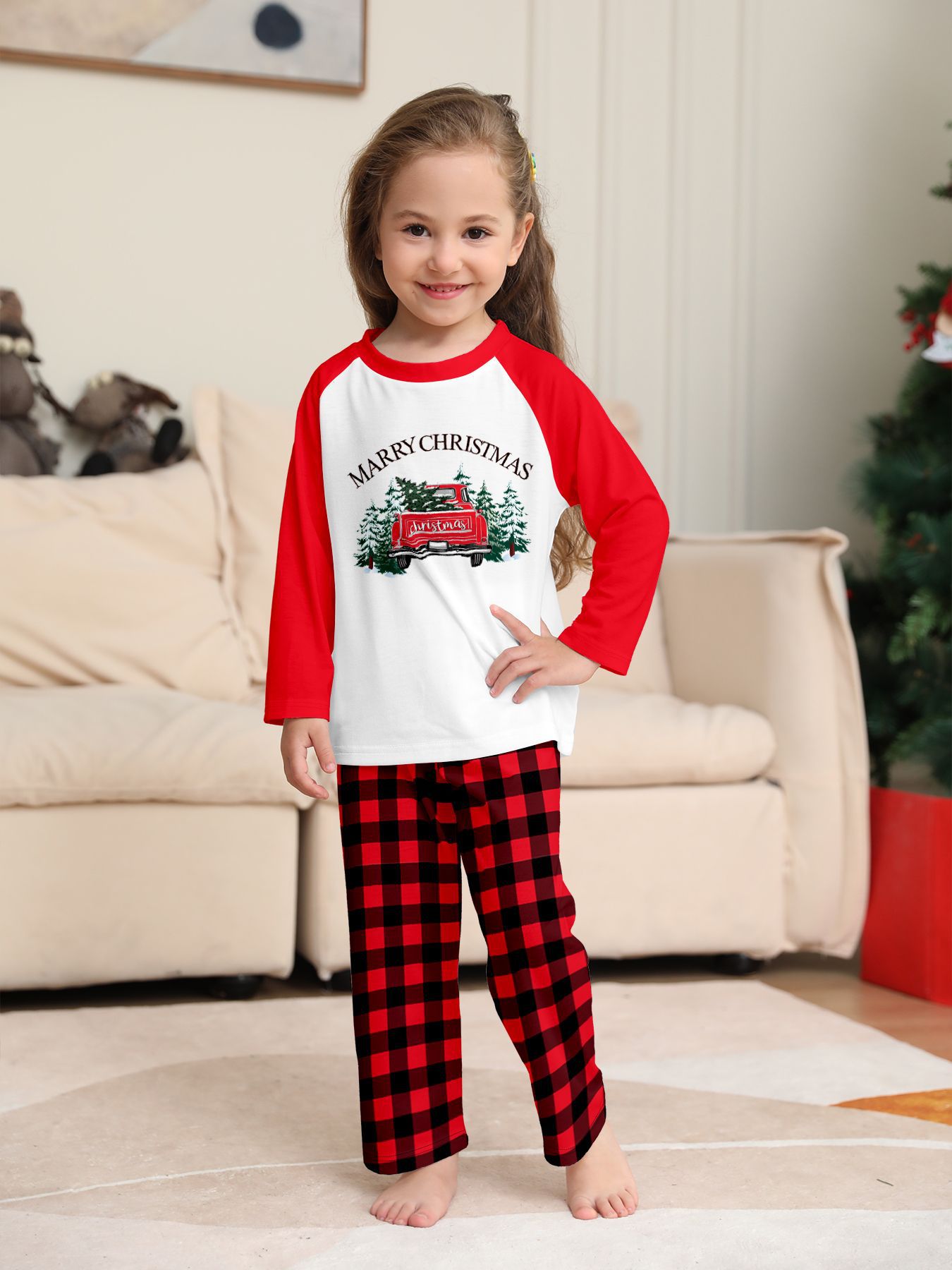 Red‑White Raglan Christmas Truck Tree Family Pajamas