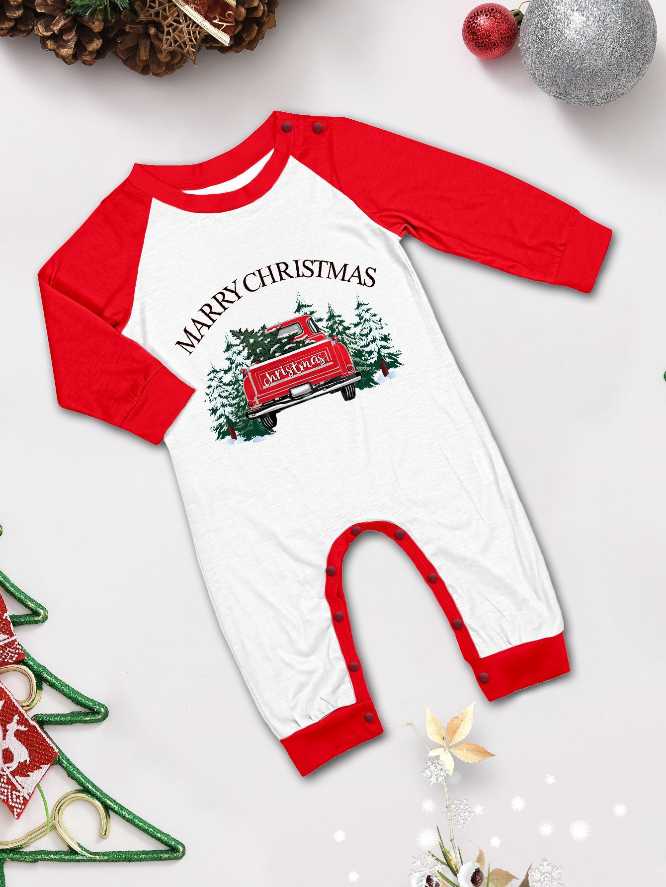 Red‑White Raglan Christmas Truck Tree Family Pajamas