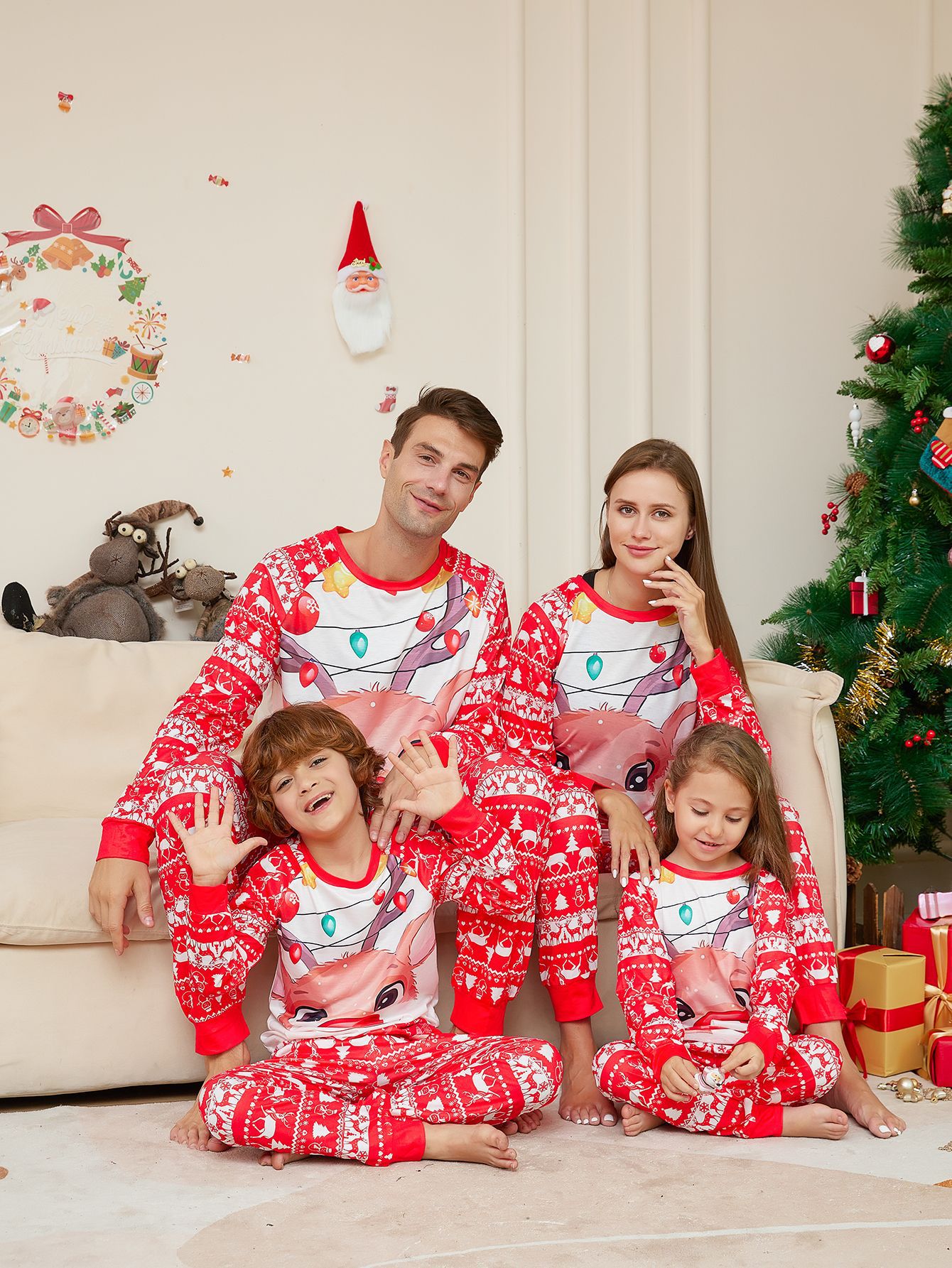 Red‑White Reindeer Fair Isle Family Matching Pajamas