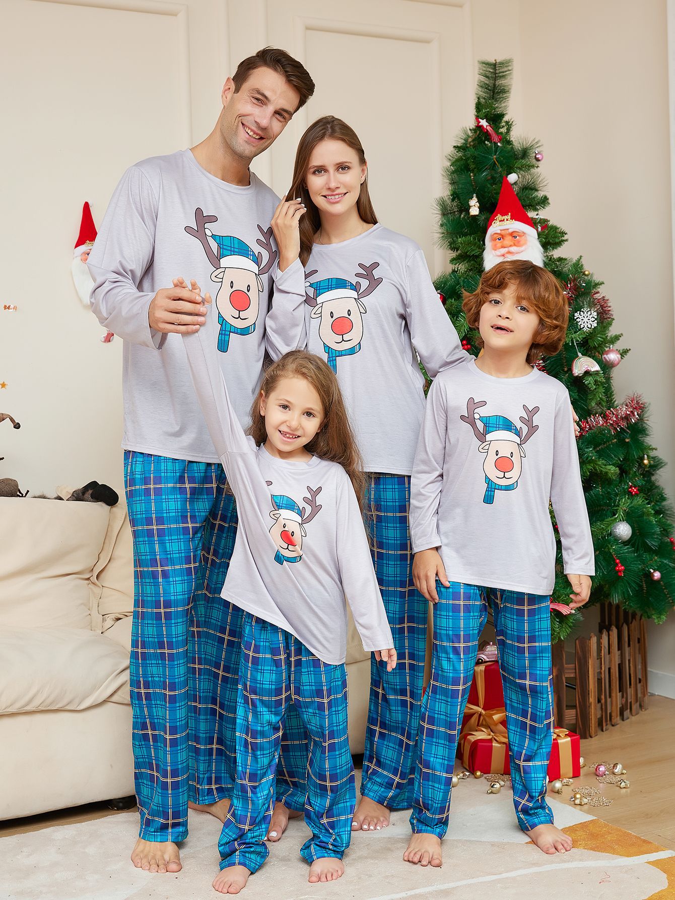 Blue Plaid Reindeer Family Matching Pajamas