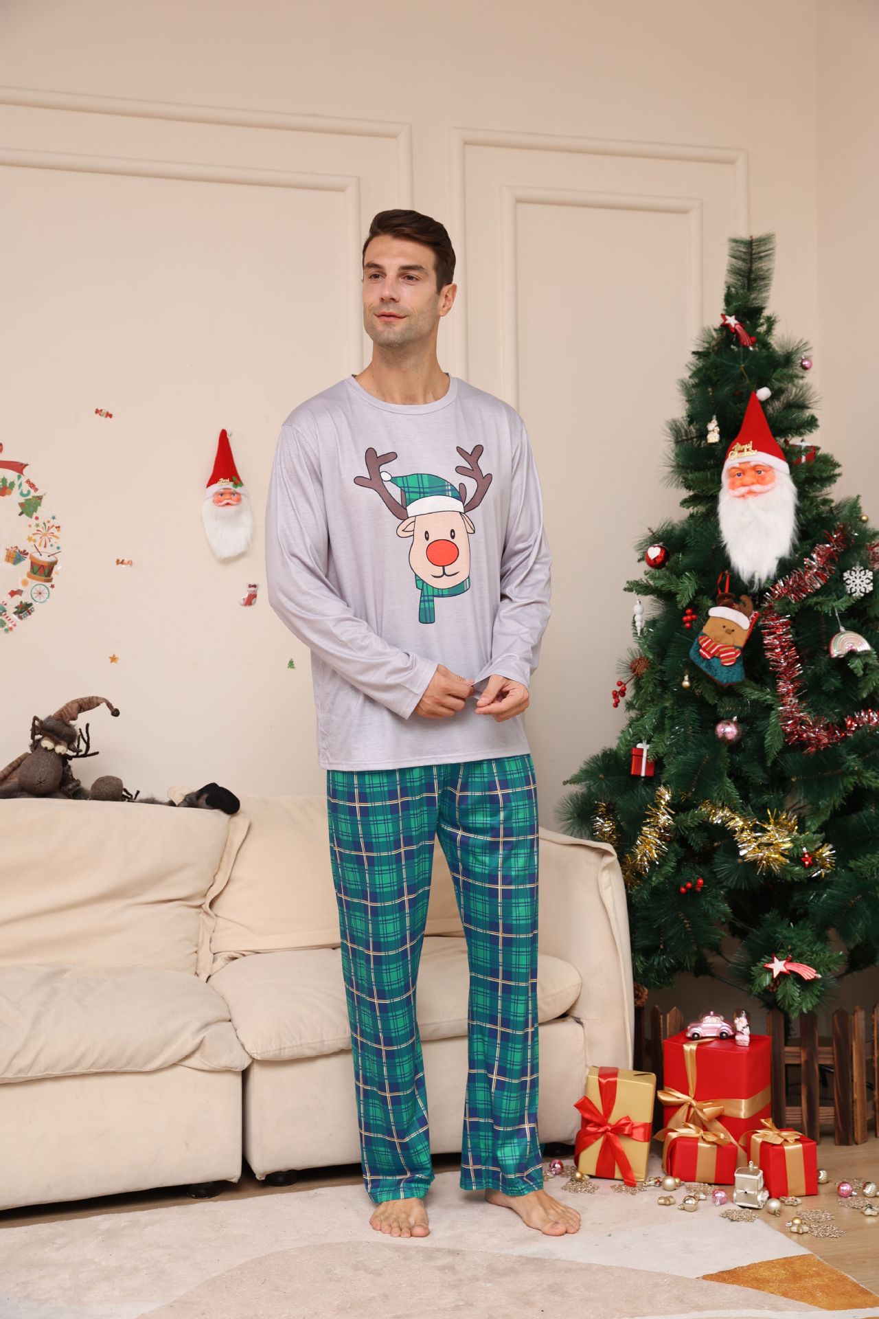 Blue Plaid Reindeer Family Matching Pajamas