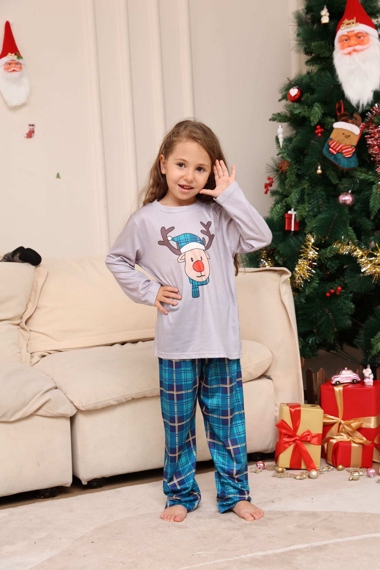 Blue Plaid Reindeer Family Matching Pajamas