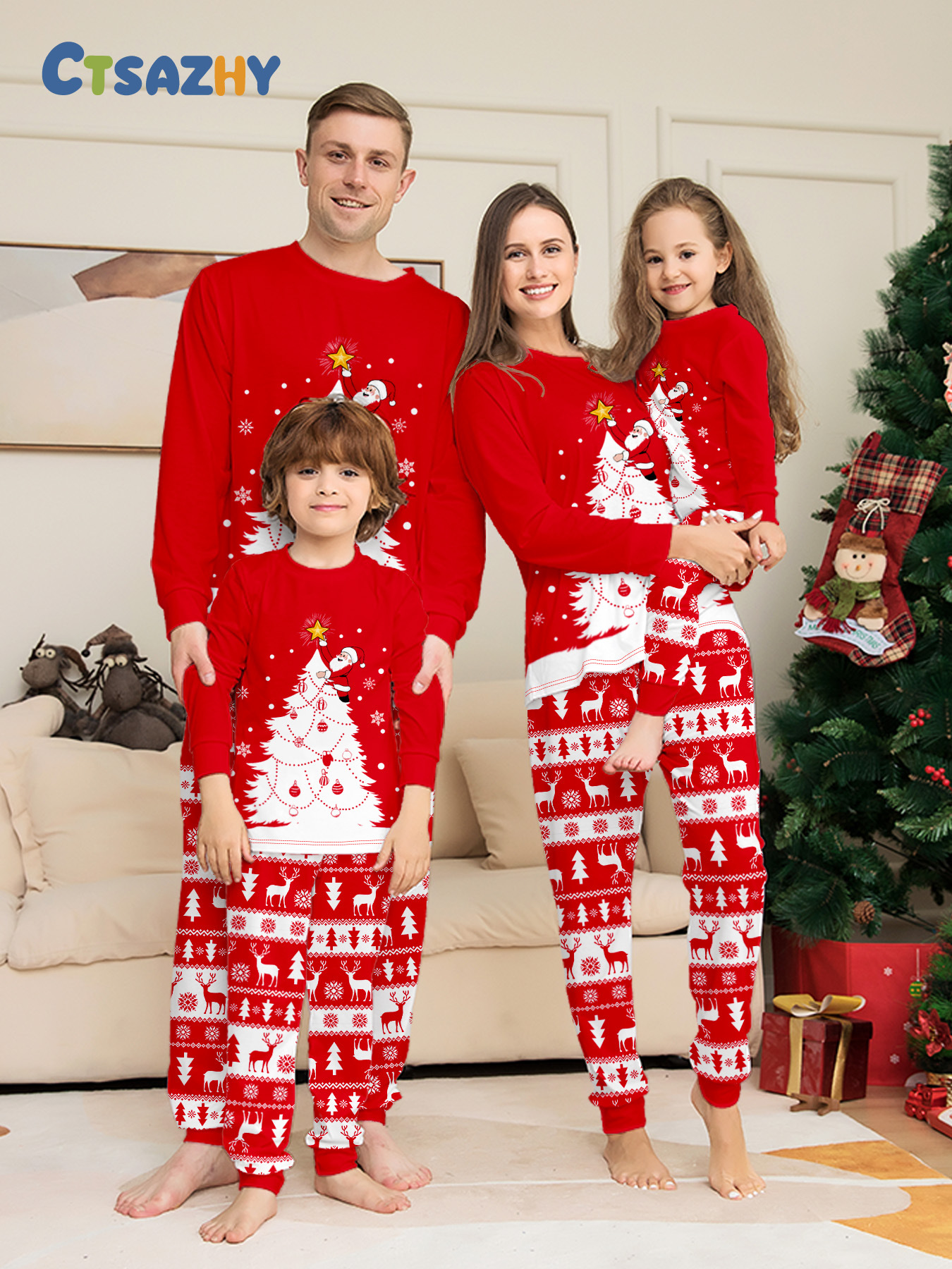 Red Christmas Tree & Reindeer Fair Isle Family Pajamas