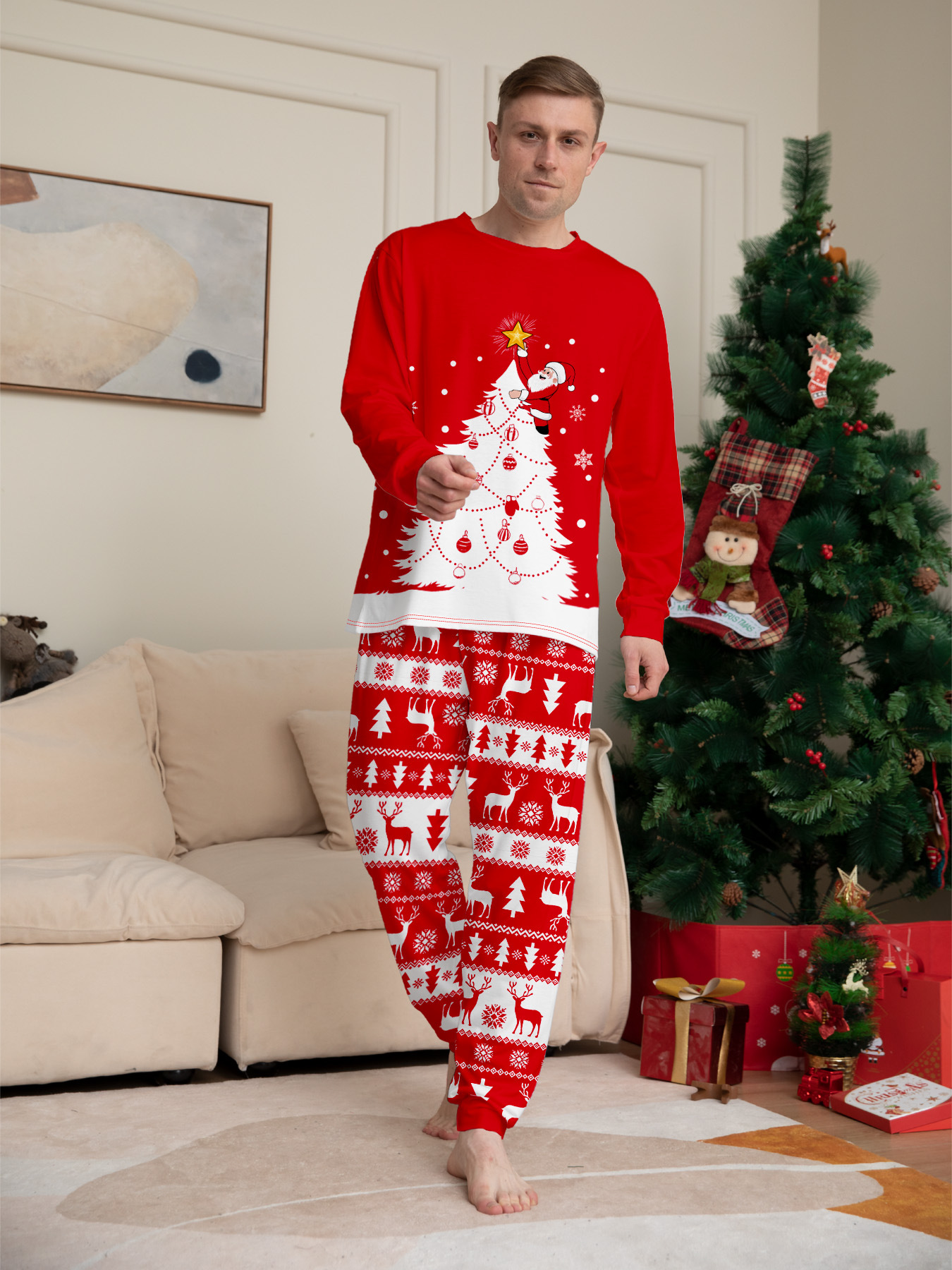 Red Christmas Tree & Reindeer Fair Isle Family Pajamas