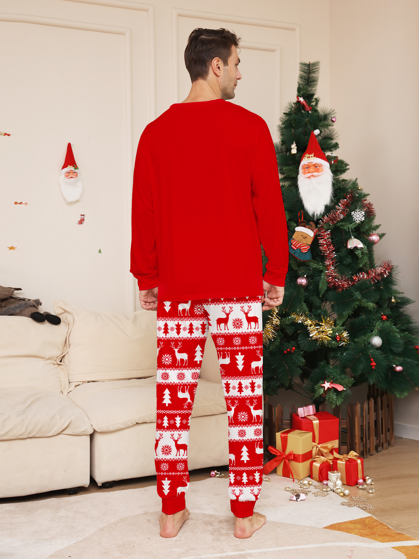 Red Christmas Tree & Reindeer Fair Isle Family Pajamas