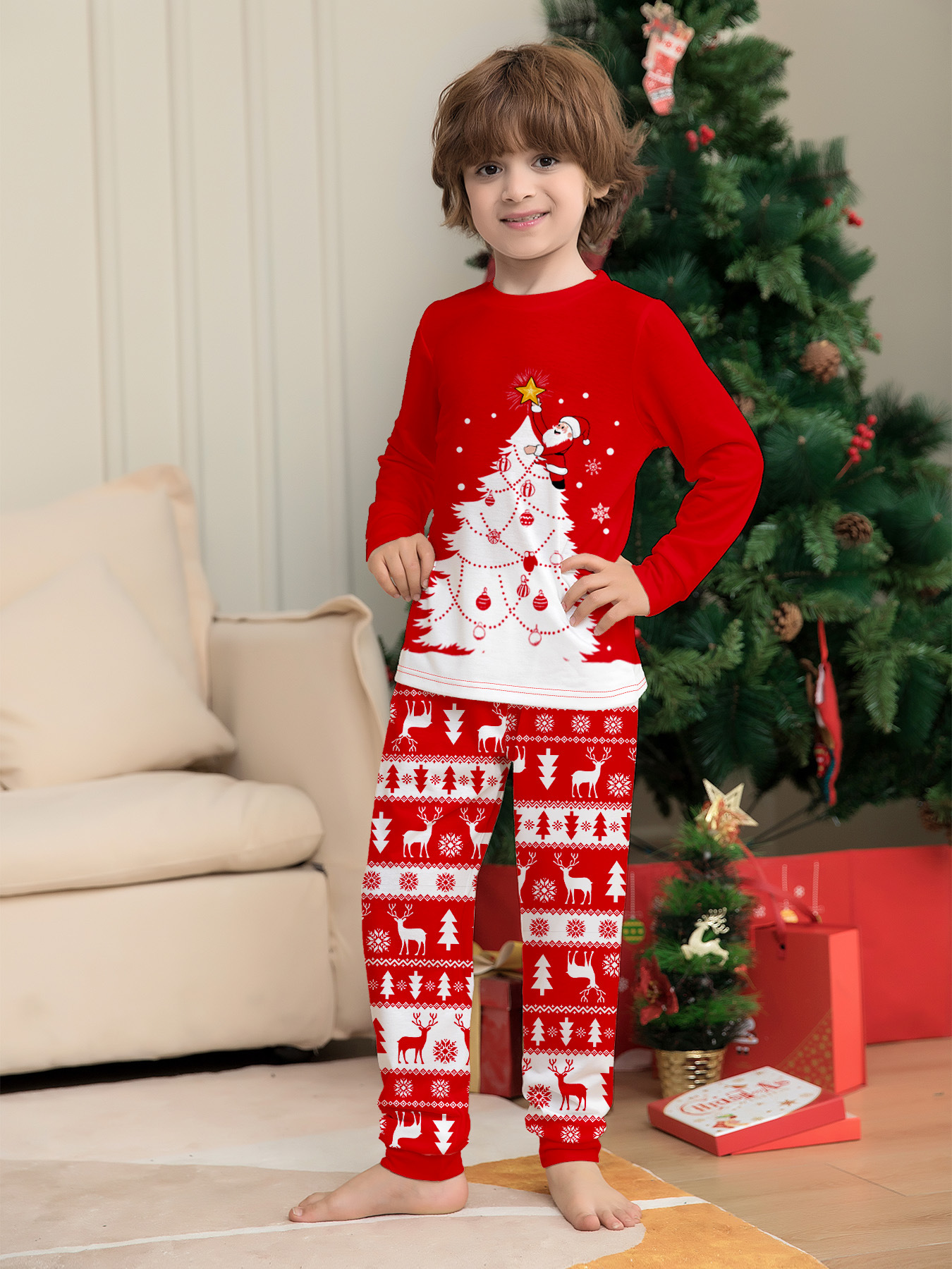 Red Christmas Tree & Reindeer Fair Isle Family Pajamas