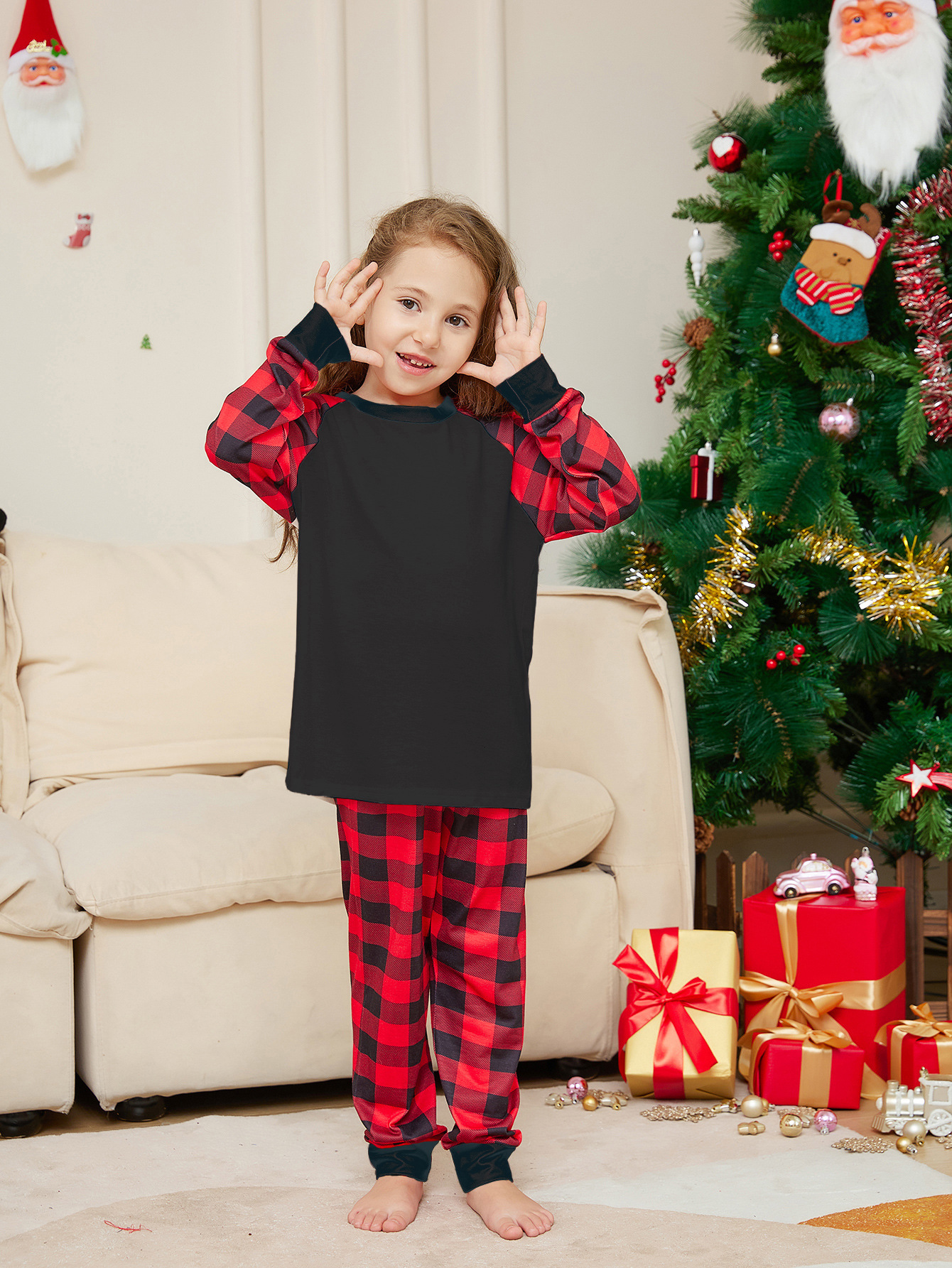 Black‑Red Raglan Buffalo Plaid Family Matching Pajamas