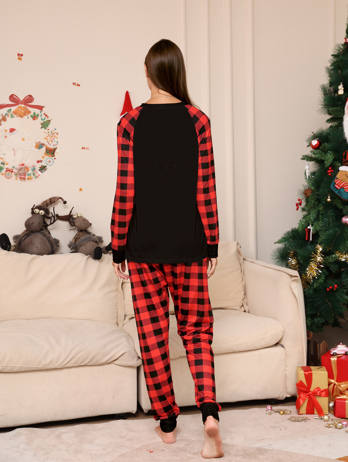 Black‑Red Raglan Buffalo Plaid Family Matching Pajamas