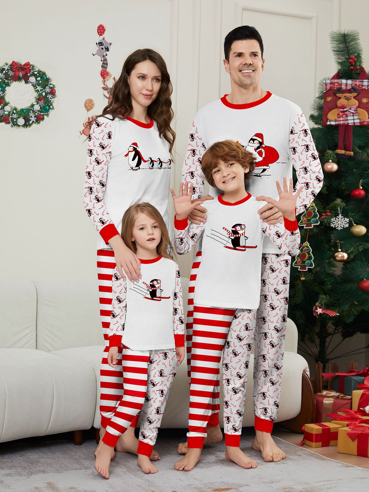 White‑Red Stripe Penguin Ski Family Matching Pajamas