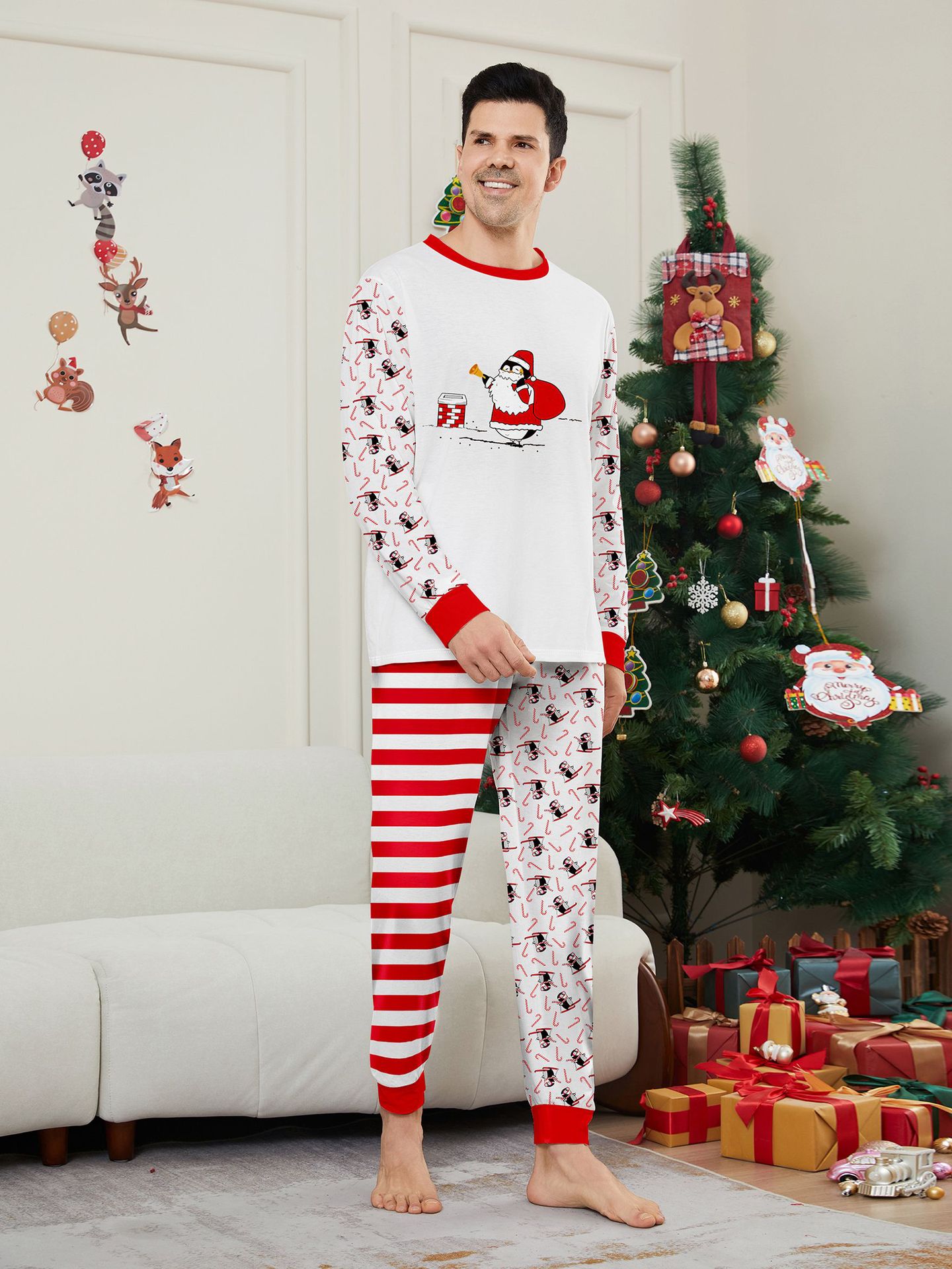 White‑Red Stripe Penguin Ski Family Matching Pajamas