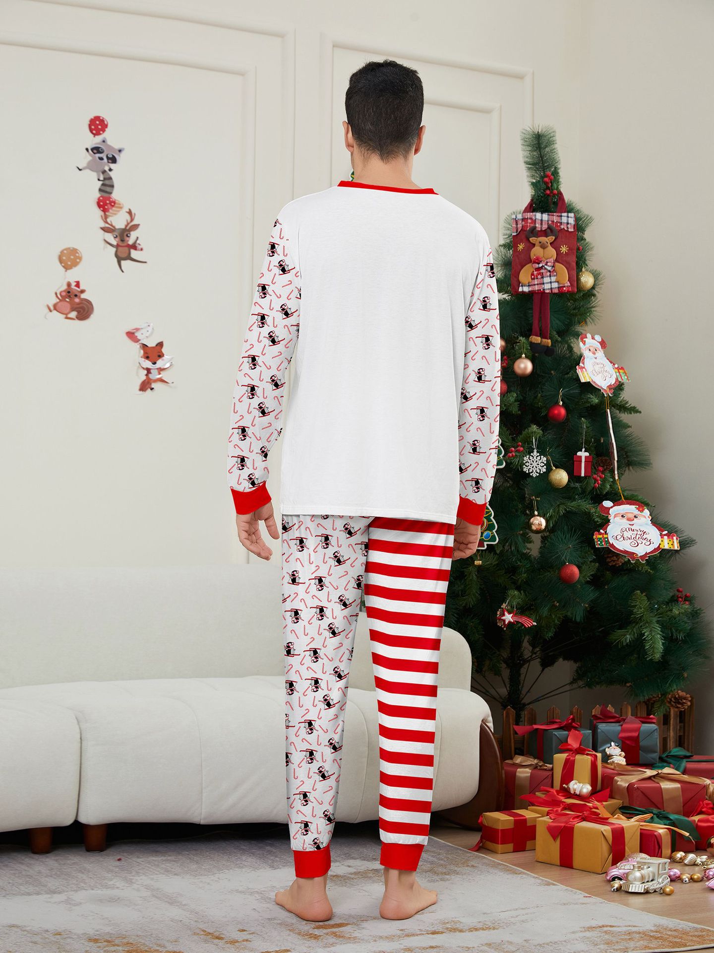 White‑Red Stripe Penguin Ski Family Matching Pajamas