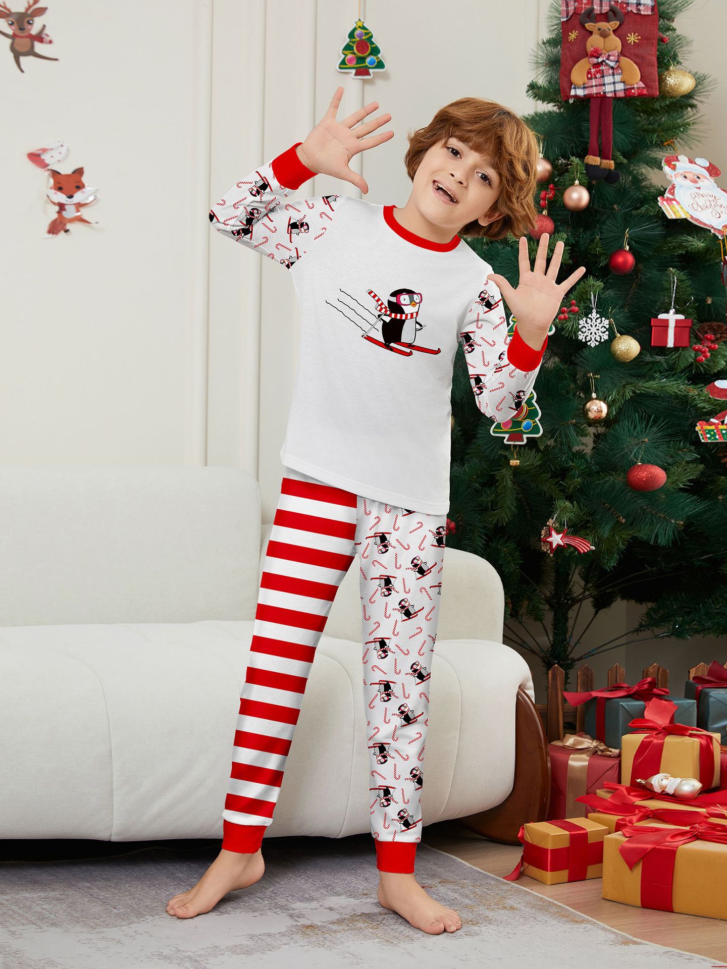 White‑Red Stripe Penguin Ski Family Matching Pajamas