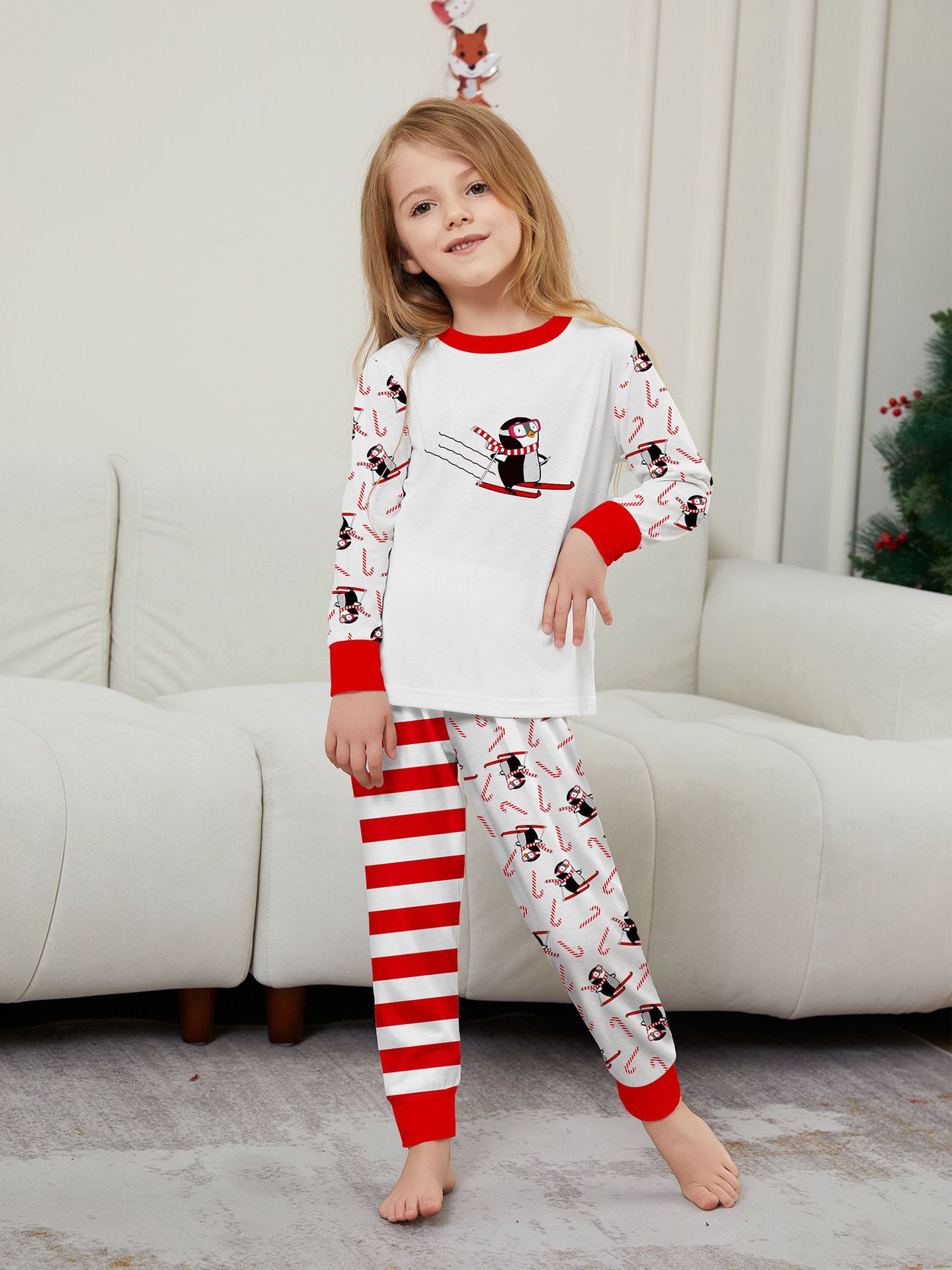 White‑Red Stripe Penguin Ski Family Matching Pajamas