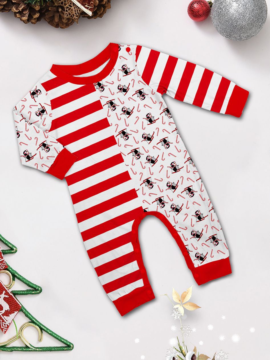 White‑Red Stripe Penguin Ski Family Matching Pajamas