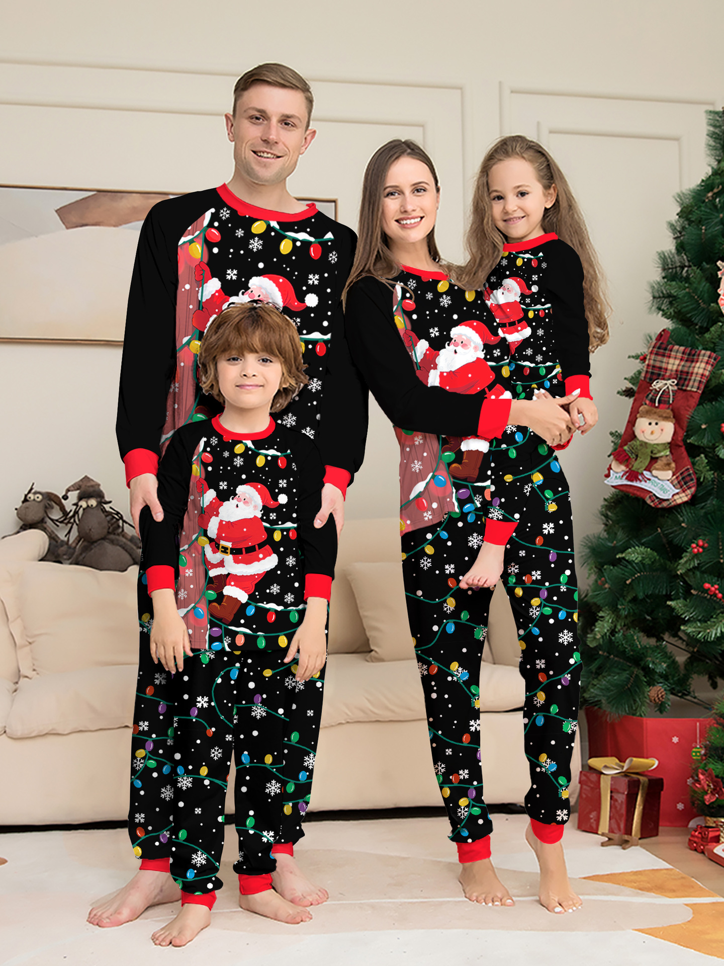 Black Santa & Colorful Fairy Lights Family Matching Pajamas