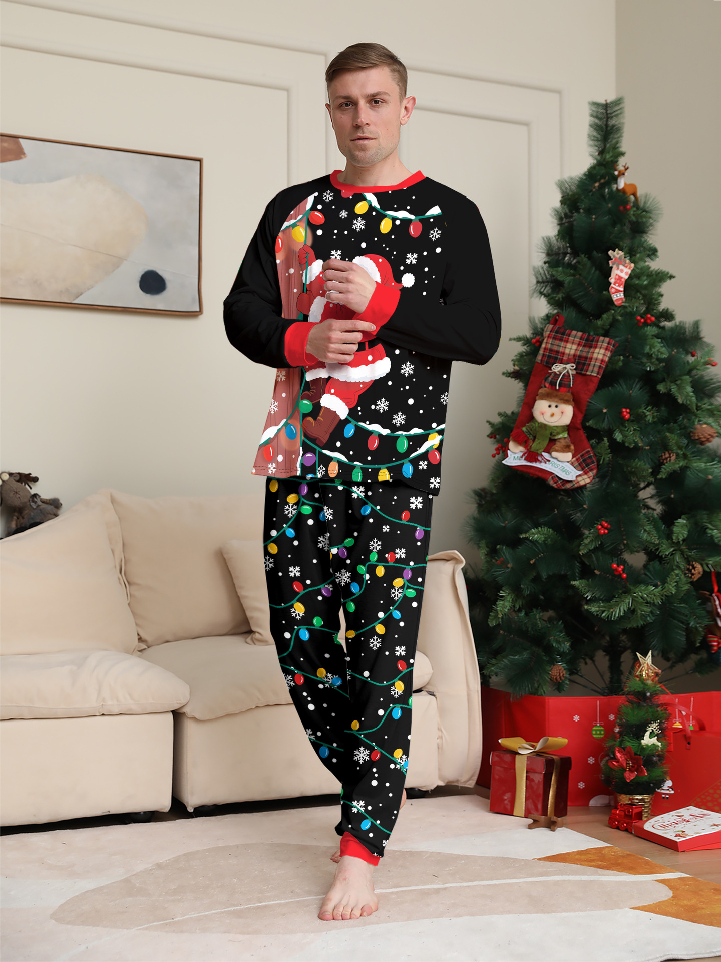 Black Santa & Colorful Fairy Lights Family Matching Pajamas