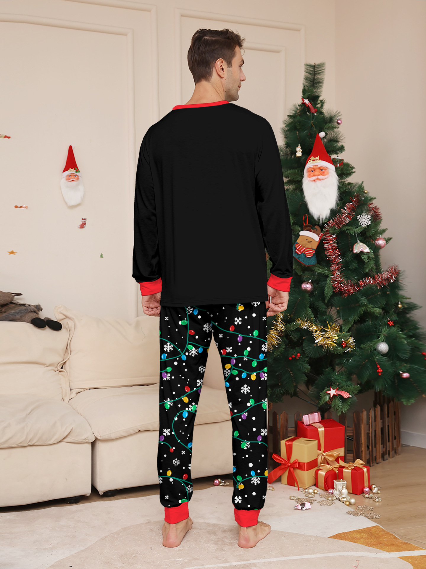 Black Santa & Colorful Fairy Lights Family Matching Pajamas