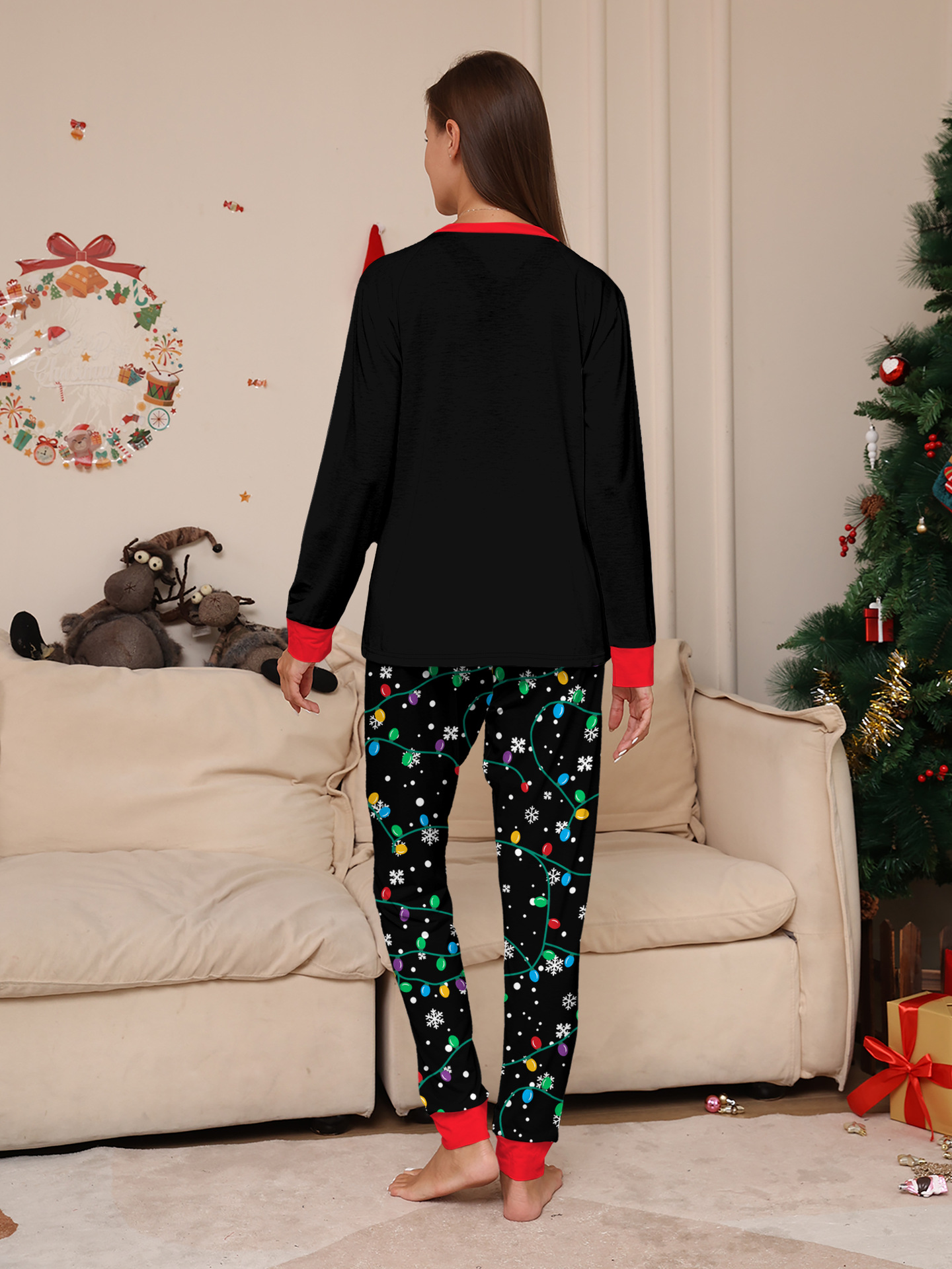Black Santa & Colorful Fairy Lights Family Matching Pajamas